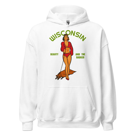 A white retro 80s style WI hooded sweatshirt with an image of a woman in retro styled red bikini clothing, with a 1950s hairstyle, holding a brown badger on a leash. Says 'Beauty and the Badger', a play on 'Beauty and the Beast' and a reference to Wisconsin's nickname the 'badger state'. 