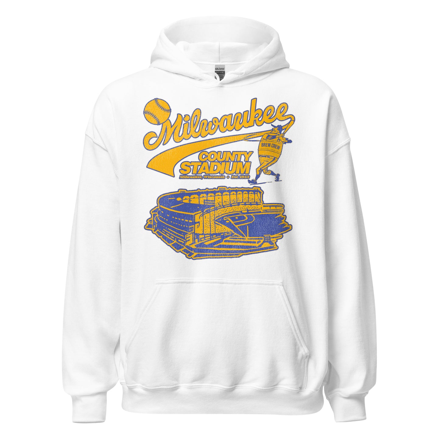 A retro white travel hooded sweatshirt that says "Milwaukee County Stadium", "Milwaukee, Wisconsin", and "Est. 1953".  References the MLB stadium which served the Milwakee Braves from 1953-1965 and the Milwaukee Brewers team from 1970-2000. Image of a Brew Crew teammate hitting a golden baseball over a stadium of blue and yellow, the colors of the Milwaukee Brewers. 
