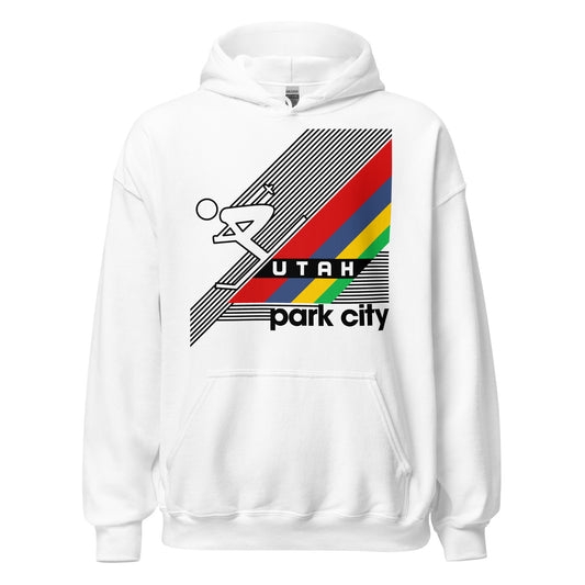 A vintage 80s style white crew neck sweatshirt for travel that says Park City, Utah. Has red, blue, yellow, and green stripes with a guy skiing down a mountain. References the city filled with the Park City Mountain Resort for skiing and snowboarding and the Utah Olympic Park from the 2002 Salt Lake City Winter Olympic Games. 