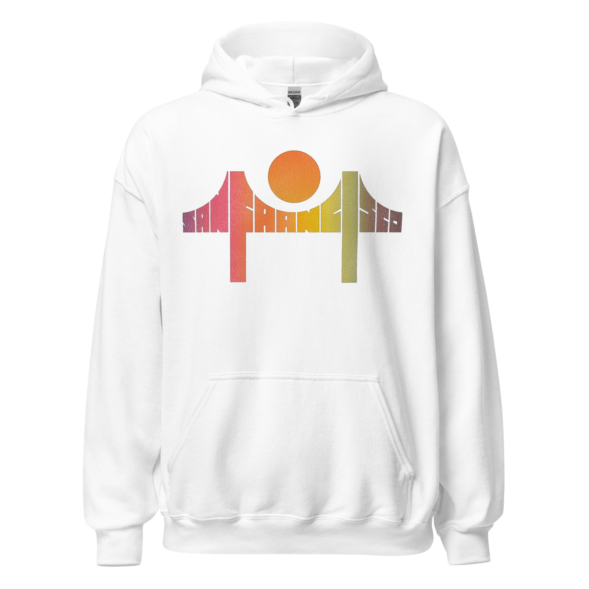 A white retro hoodie sweatshirt for travel that says San Francisco in purple, pink, orange, yellow, and green letters with an orange sun. Shaped like an image of the Golden Gate Bridge, connecting the San Francisco Bay to the Pacific Ocean. 