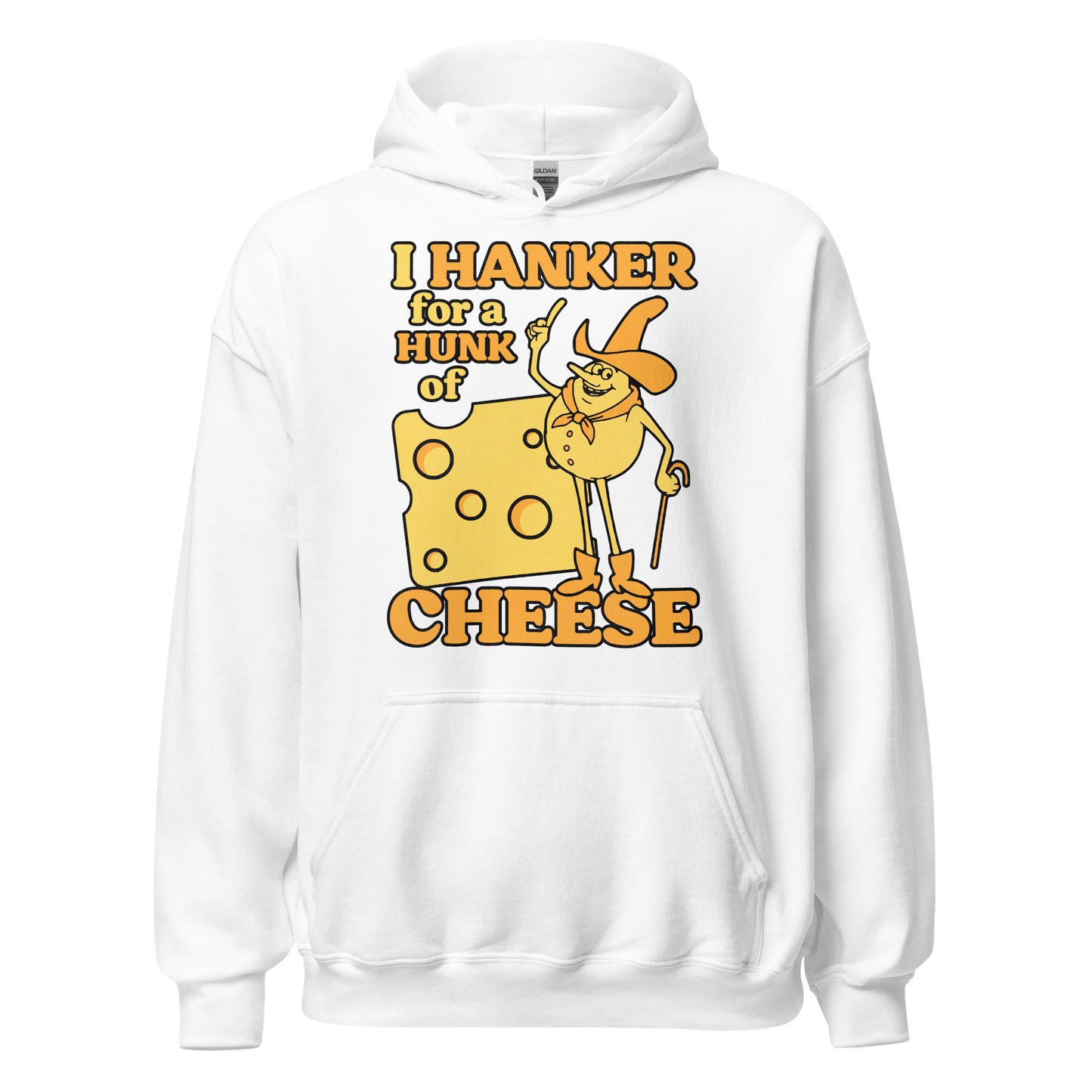 A white retro hoodie sweatshirt with an image of Timer with his finger up in an informative way next to a piece of swiss cheese with holes that says I hanker for a hunk of cheese, the words in the song from Time for Timer, the 1970s public service announcement TV series on ABC. 