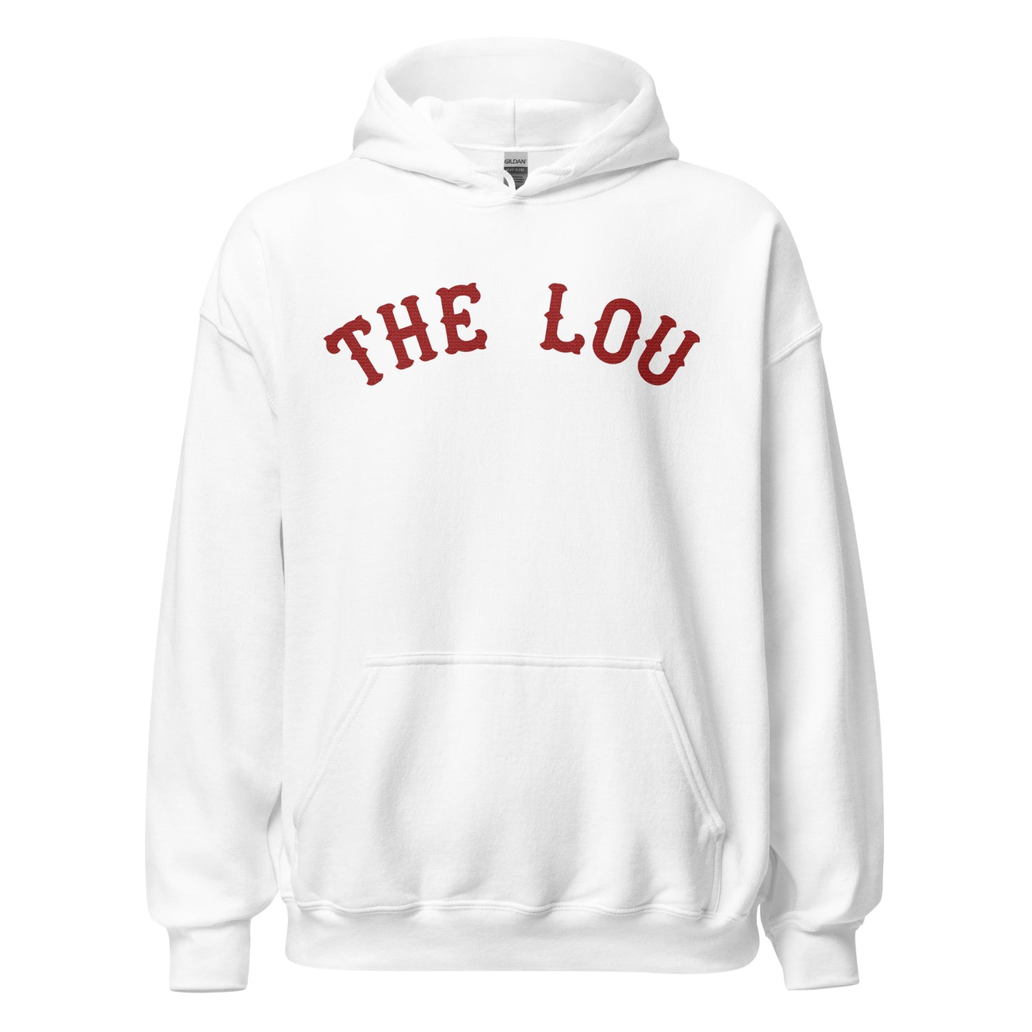 A white retro hooded sweatshirt for travel that says The Lou in red letters, about the St. Louis Cardinals, a pro men's baseball team. 
