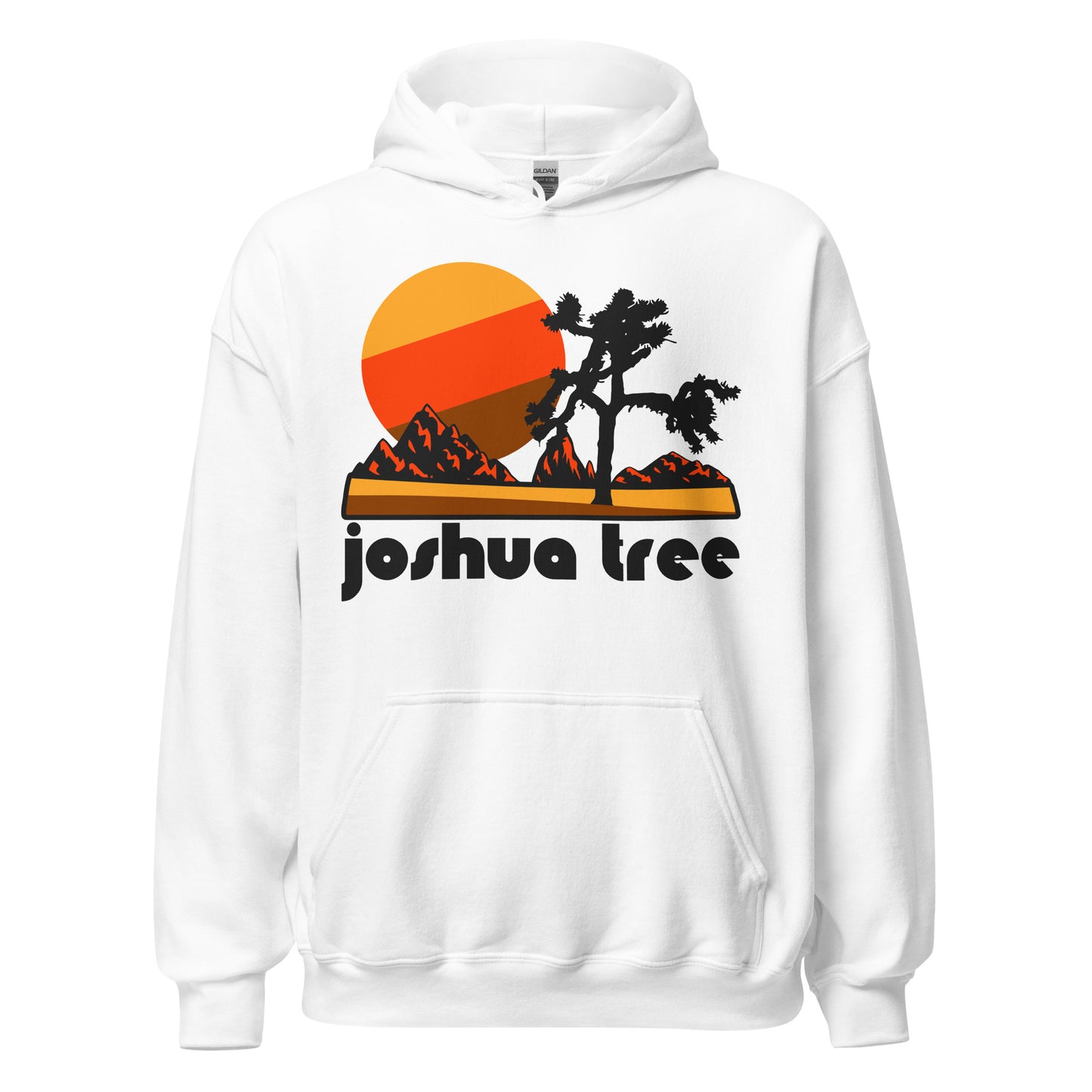 A retro 70s style white hoodie sweatshirt with a Joshua tree standing in front of a red mountainscape and rising sun. Says "Joshua Tree".