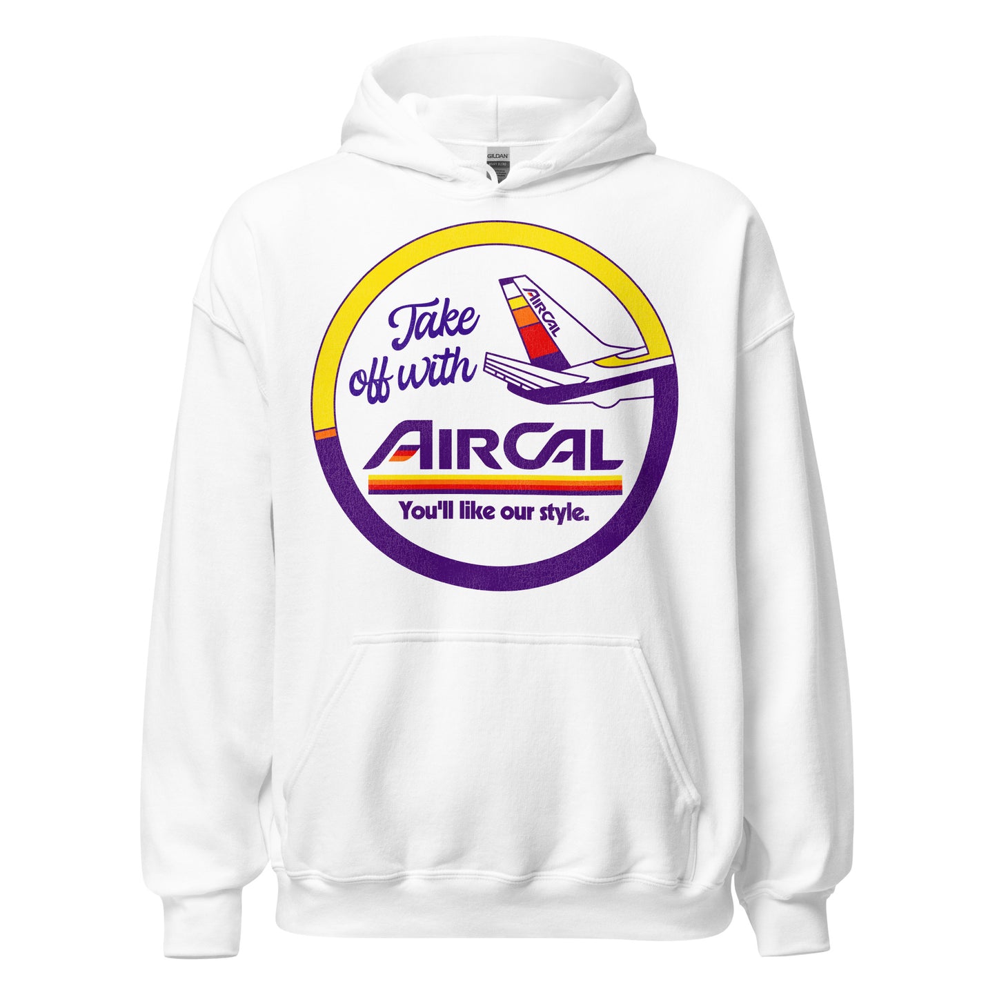 A vintage white hooded sweatshirt that says Take off with Aircal, referring to the now defunct airline also known as Air California. Text says "You'll like our style". Image of plane with AirCal logo tail fin that blends into a yellow and purple circle. 