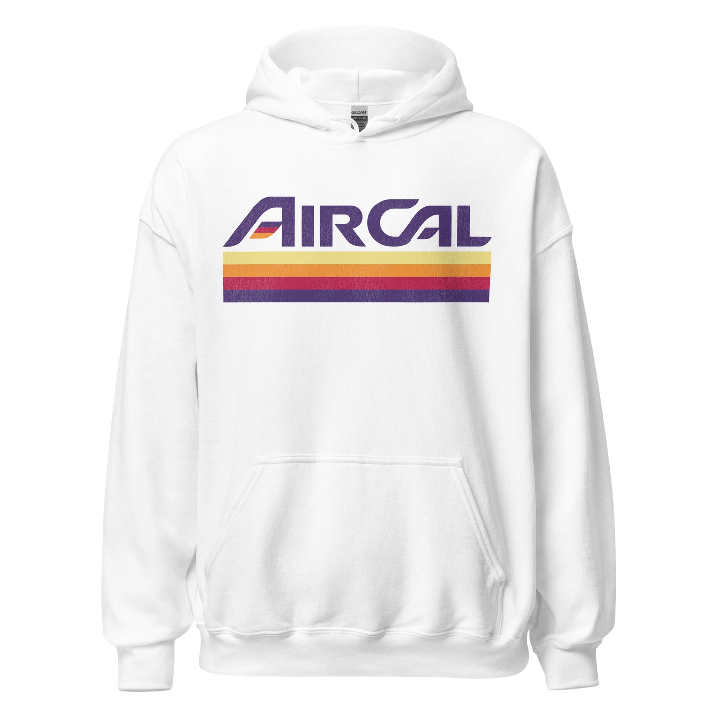 A retro white hooded sweatshirt with the words Air Cal. Has the airline's logo of yellow, orange, red, and purple stripes. Refers to Air California airplane company. 