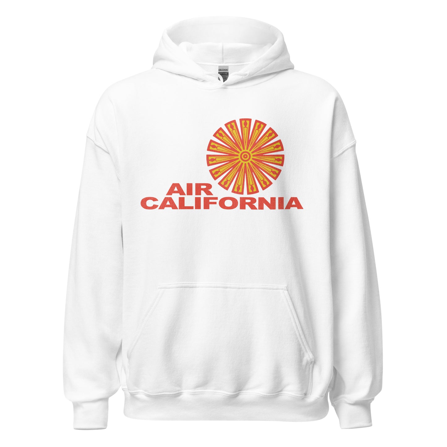 A retro travel white hoodie sweatshirt from the now defunct airline "Air California" which ran in the 60s, 70s, and 80s with the yellow and orange logo, resembling candlesticks emanating from a circular middle. 