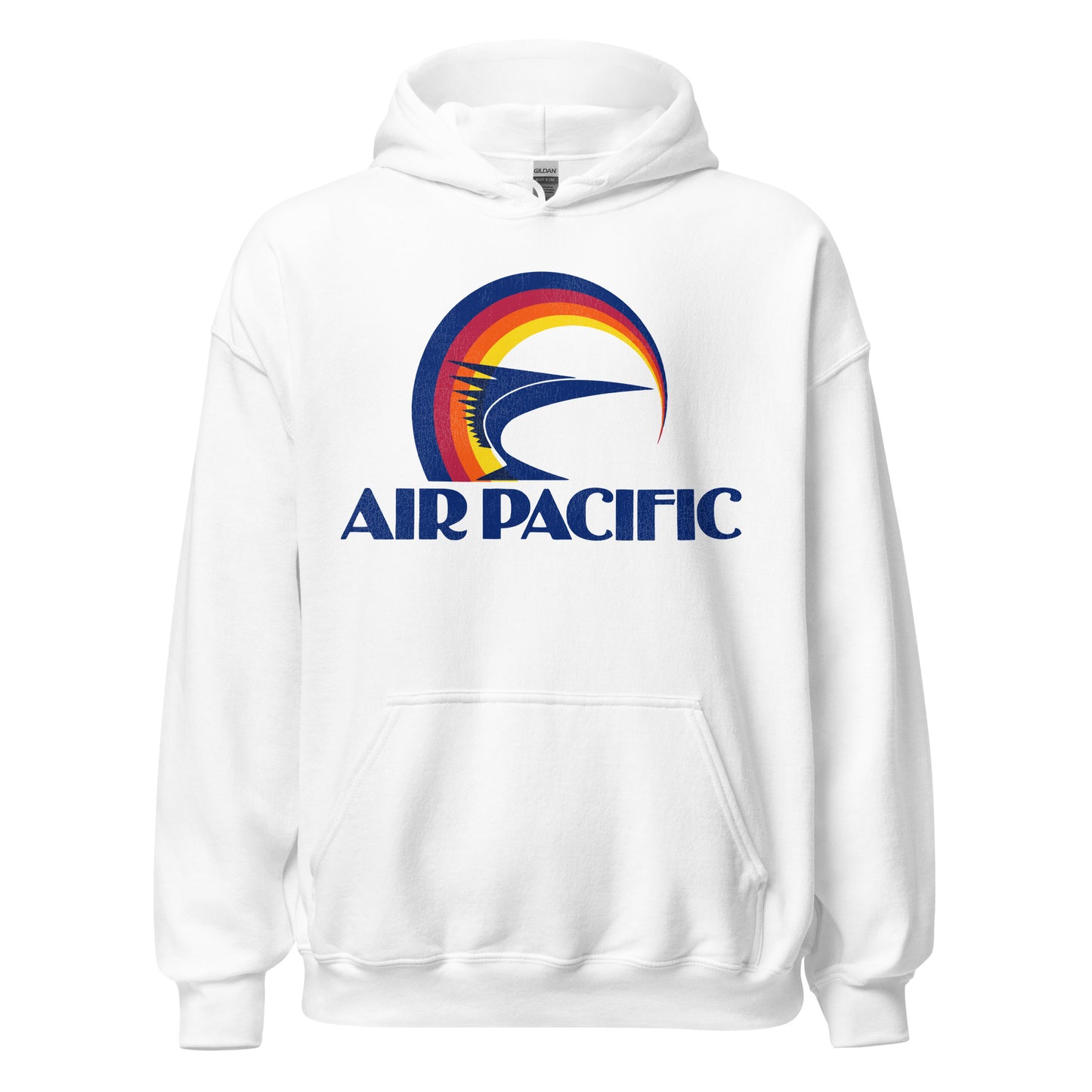 A tourist white hoodie sweatshirt with the Air Pacific logo including blue, red, orange, and yellow colors going in a circle and a blue image resembling a spiky fish. 