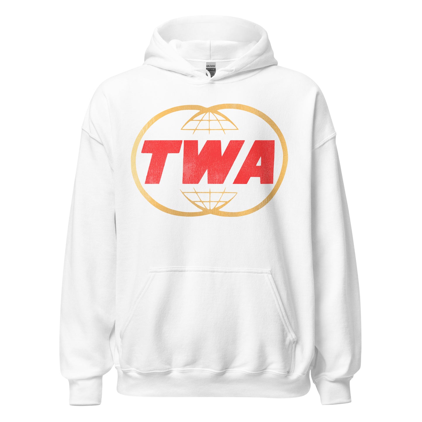 A vintage 80s style white hoodie sweatshirt with the Trans World Airlines logo, including the letters TWA in red and two overlapping globes in gold color. 