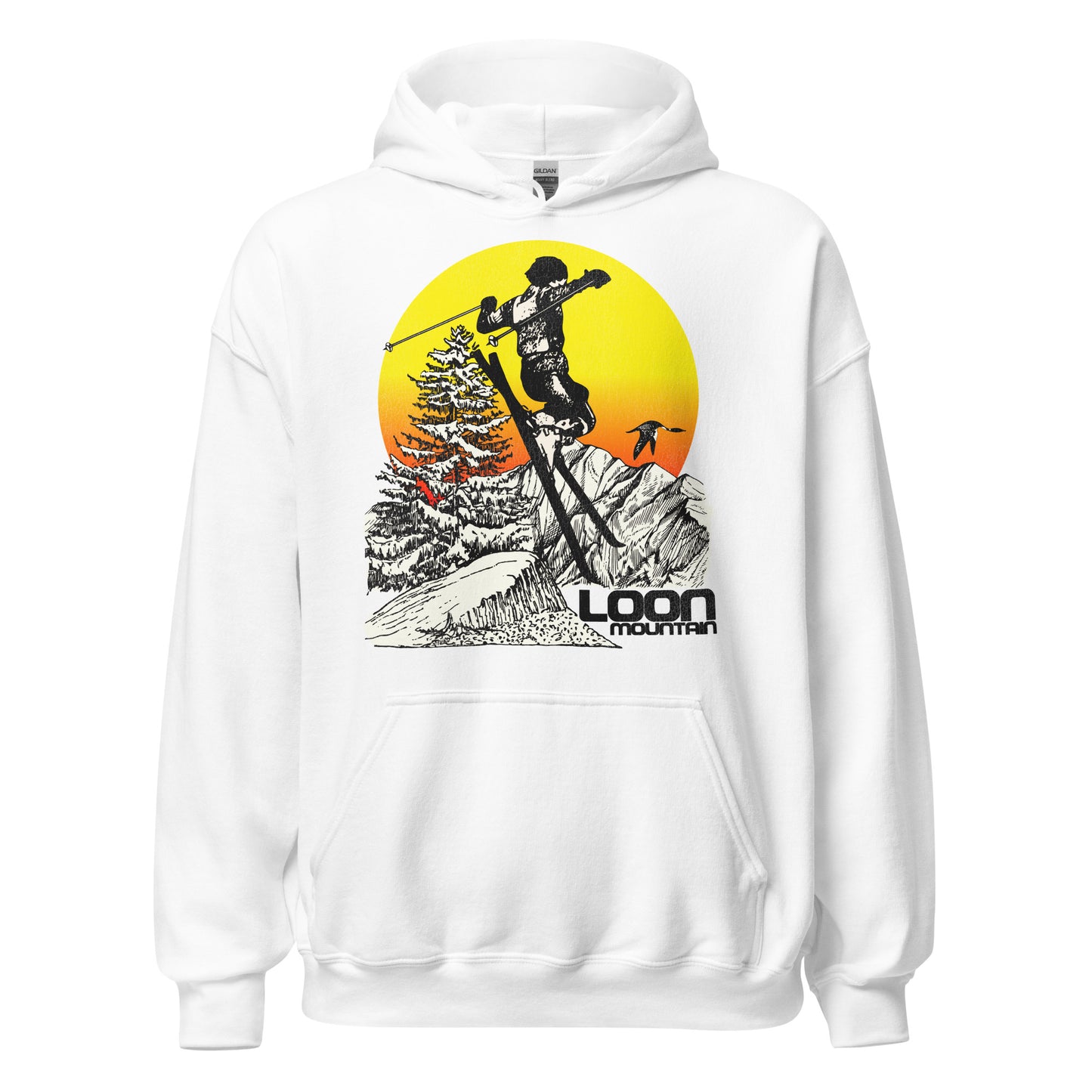 A white souvenir hooded sweatshirt from Loon Mountain Resort in the White Mountain National Forest in New England. Picture of a woman skiing beside snow covered mountain peaks and aspen trees and loon birds in front of a yellow, orange, and red sun. 