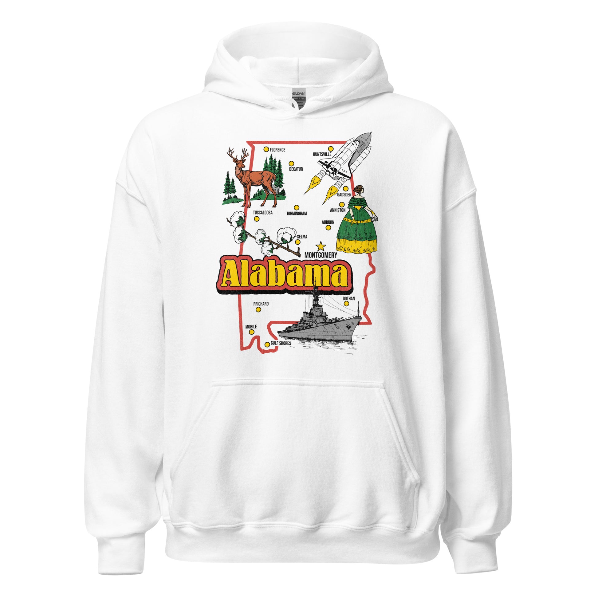 A tourist white hooded sweatshirt with a map of Alabama with the cities Florence, Huntsville, Decatur, Tuscaloosa, Birmingham, Anniston, Auburn, Prichard, Gadsden, Selma, Dothan, Mobile, Gulf Shores, and the capital Montgomery. Has pictures of a buck deer and antlers, green fir trees, a flying rocket ship, a cotton plant, a girl with a cotillion ballgown, and a battleship on the Gulf of Mexico. 