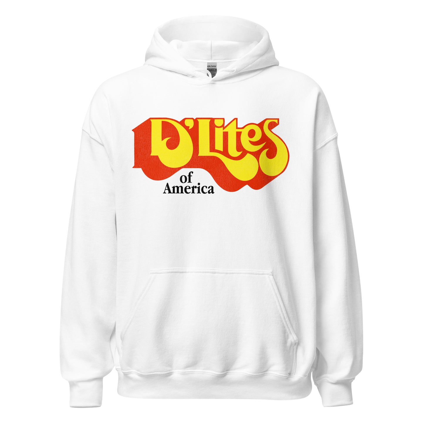 A travel heavy blend white hoodie that says "D'Lites" in bold red and yellow text and "of America". 