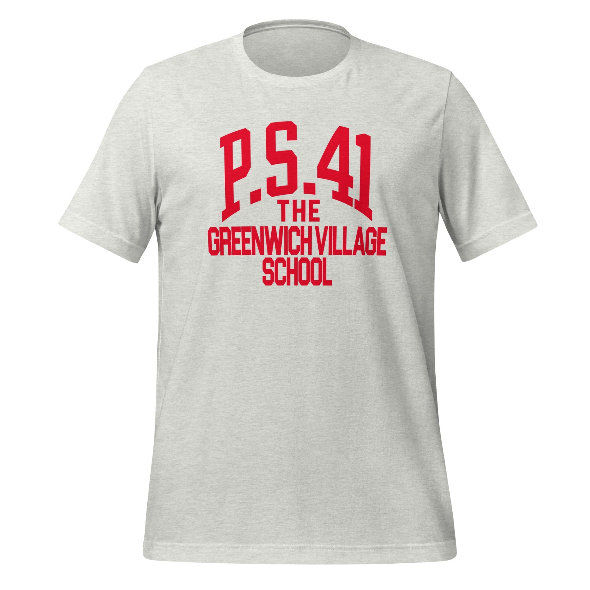 A PS 41 retro ash gray t-shirt that says "The Greenwich Village School". A public school in Manhattan, NYC. The t-shirt was worn by Adam "Ad-Rock" Horovitz from the Beastie Boys. 