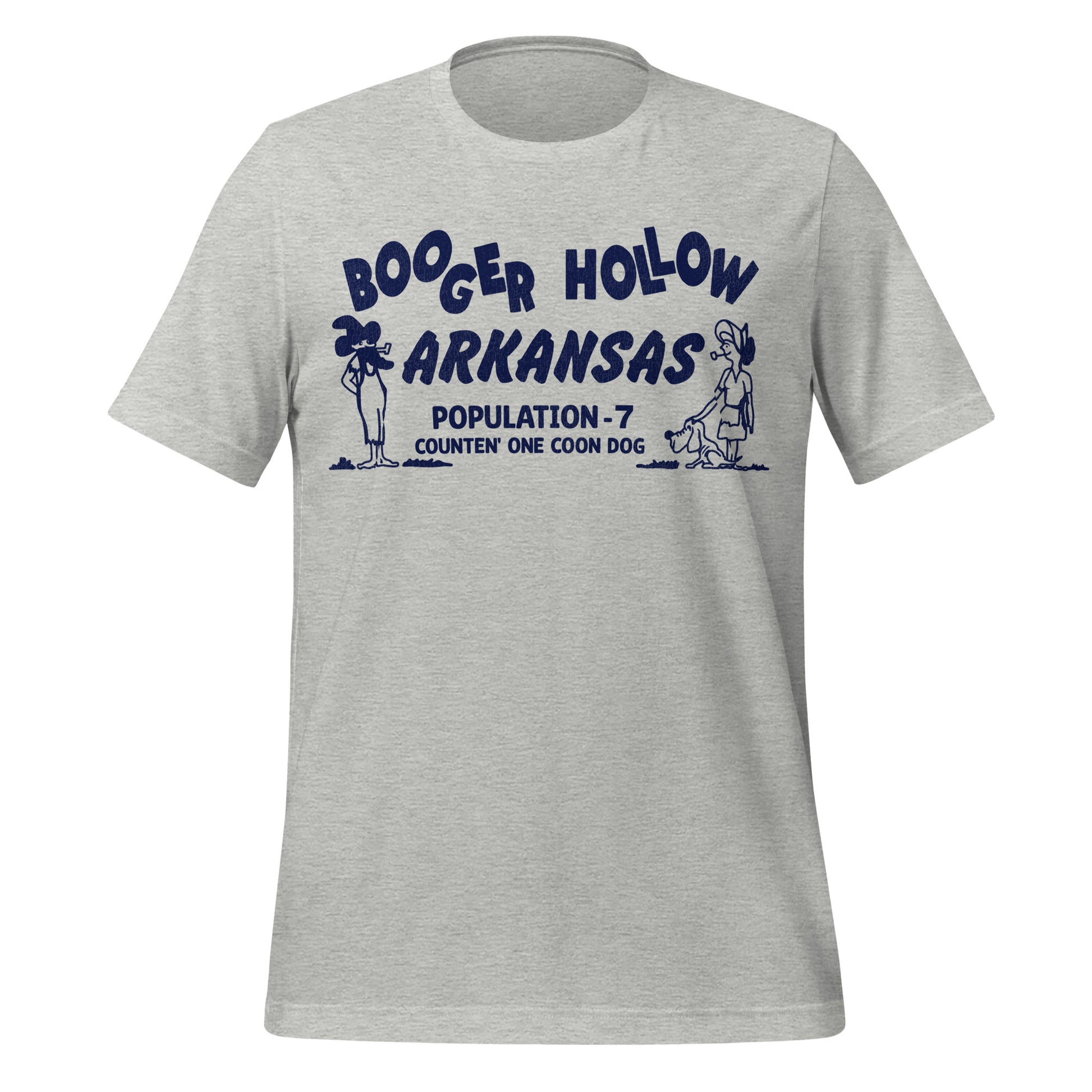 A gray athletic unisex retro t-shirt with the text Booger Hollow Arkansas Population 7 Counten' One Coon Dog. There's a hillbilly man and woman smoking pipes and a cocker spaniel dog. 