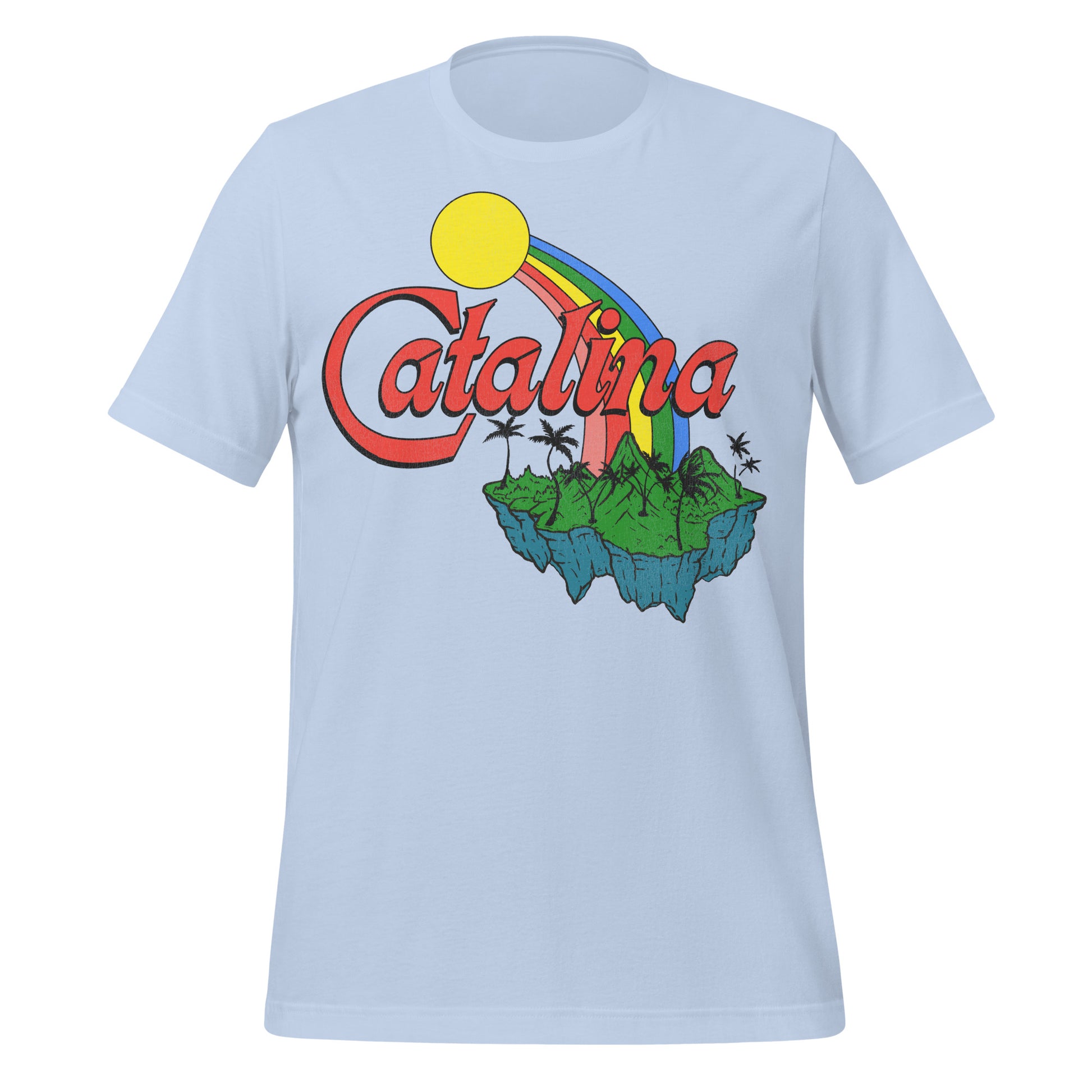 A 70s blue retro t-shirt that says "Catalina", referencing the Santa Catalina Island off the LA coast. Image of green luscious Pacific Ocean island, a rainbow, and a yellow sun. 