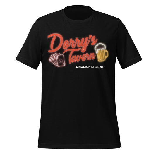 A black colored vintage 70s style Dorry's Tavern t-shirt that includes the location "Kingston Falls, NY" and images of a beer mug overflowing and four Ace cards. References the bar known from the 1984 horror movie Gremlins, which character Kate Beringer (played by Phoebe Cates) works as a barmaid in. 