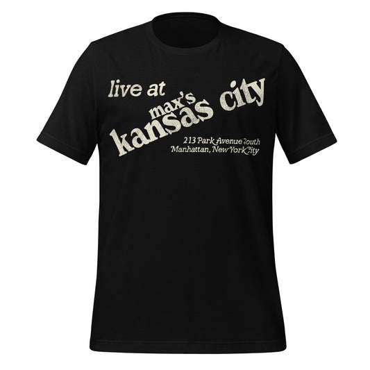 A vintage 90s style black Max's Kansas City short sleeve t-shirt that says "live at Max's Kansas City". Includes the address "213 Park Avenue South, Manhattan, New York City." 