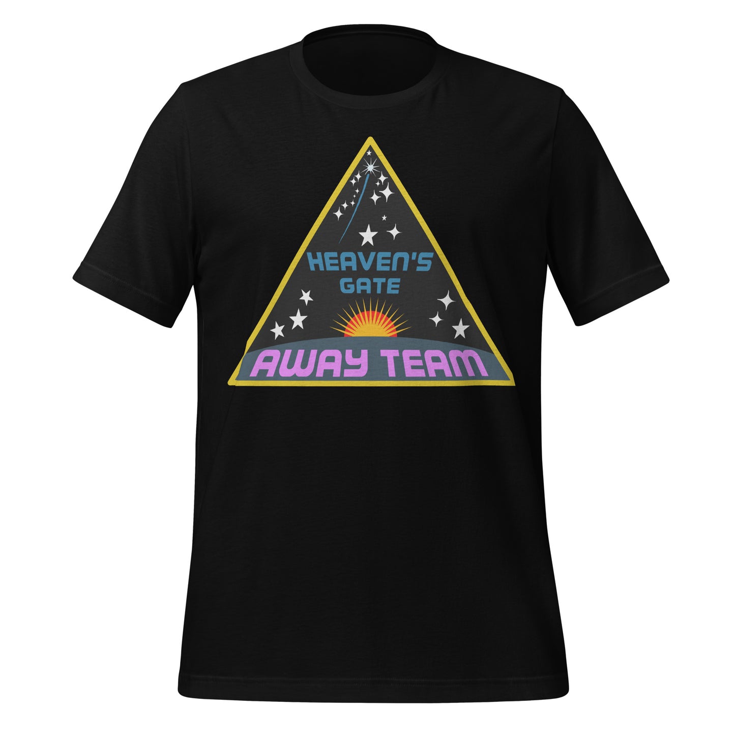 A black short sleeve 80s style t-shirt which says "Heaven's Gate", referencing the infamous suicidal cult, and "Away Team" with the image of a shining sun against stars and outer space. References a concept from Star Trek.  