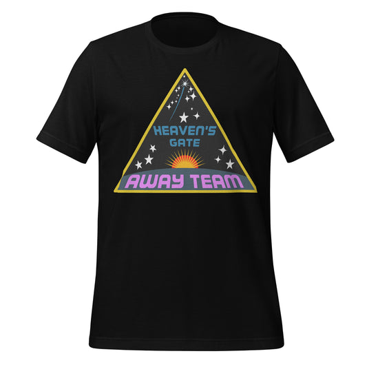 A black short sleeve 80s style t-shirt which says "Heaven's Gate", referencing the infamous suicidal cult, and "Away Team" with the image of a shining sun against stars and outer space. References a concept from Star Trek.  