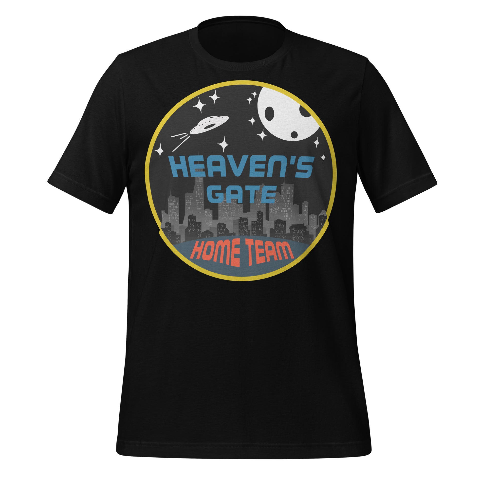A black vintage Heaven's Gate t-shirt. Says "Home Team". Image of a skyline lit up in the night and a UFO flying through stars, space, and by a planet. 