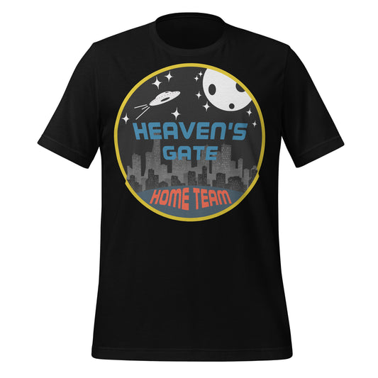 A black vintage Heaven's Gate t-shirt. Says "Home Team". Image of a skyline lit up in the night and a UFO flying through stars, space, and by a planet. 