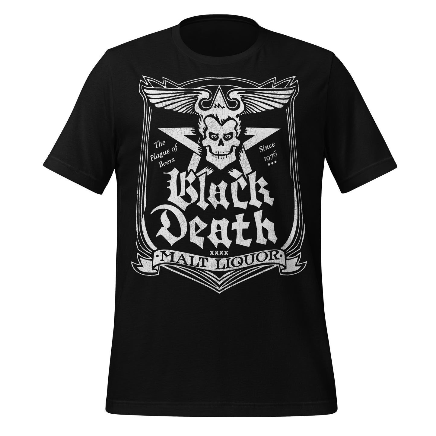 A black retro short sleeve t-shirt. Says Black Death Malt Liquor on a stylized shield with a devilish skull and winglike horns. Includes a five pointed star. Says The Plague of Beers Since 1976. Referencing the character Dr. Johnny Fever from the sitcom WKRP in Cincinnati. 