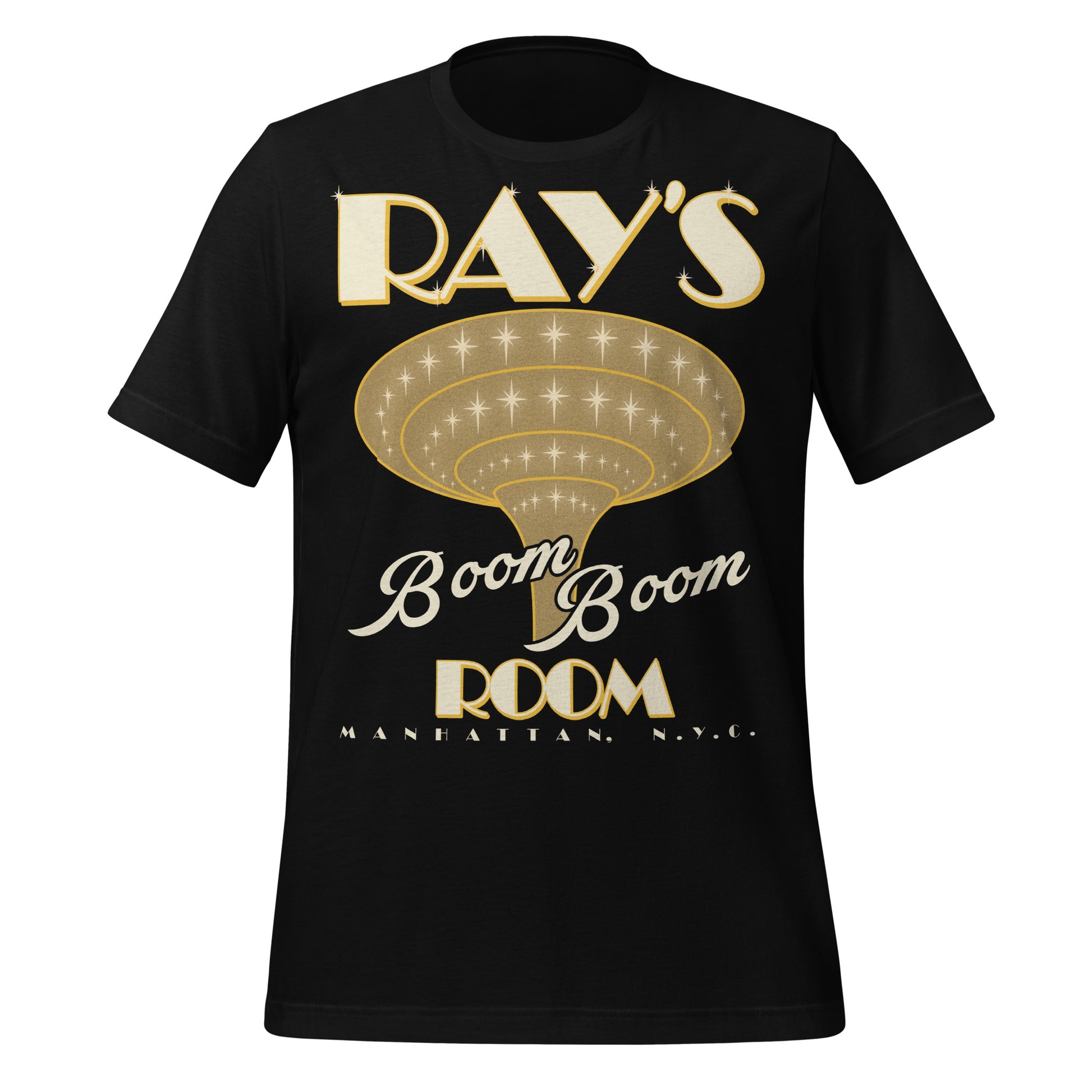 A black staple retro t-shirt that says Ray's Boom Boom Room and Manhattan, N.Y.C. with the image of a yellow spiraling funnel with stars. Refers to the 1999 movie "Life". 