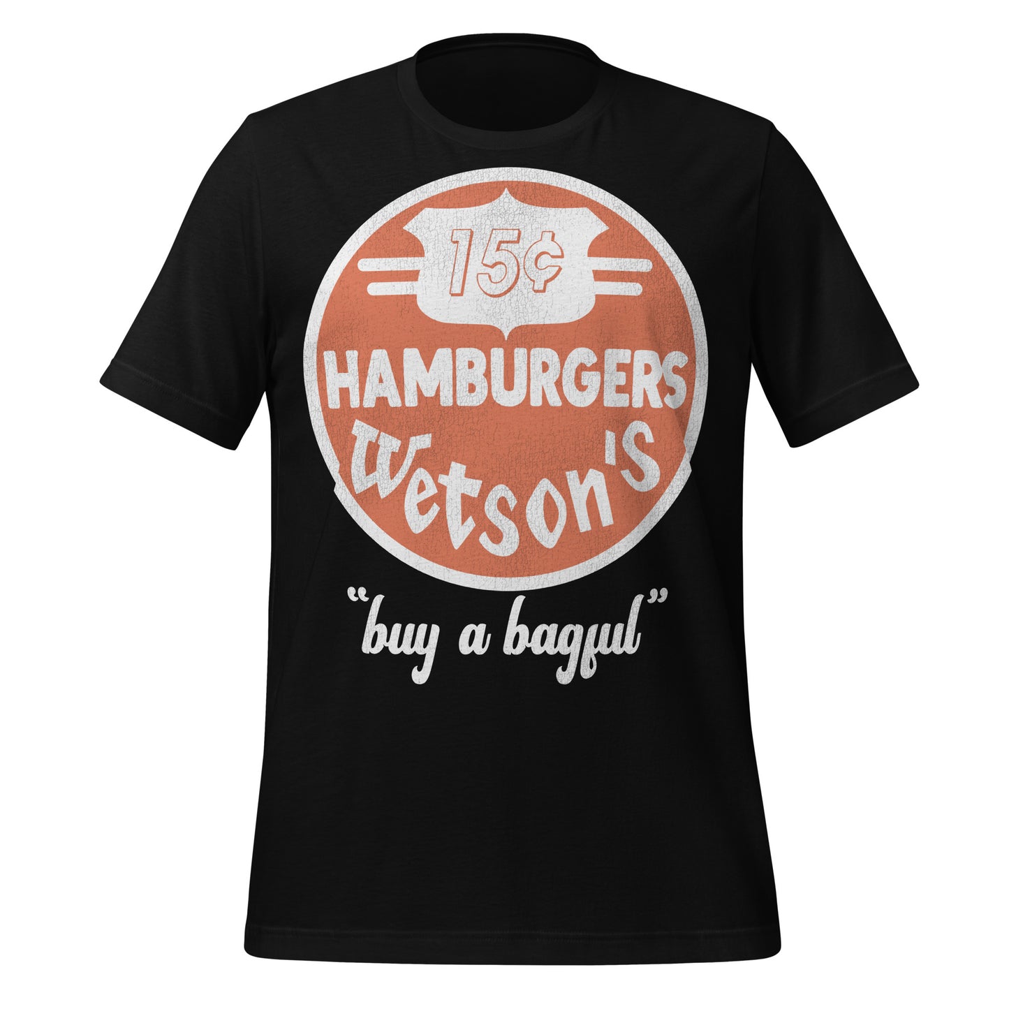A vintage black short sleeve t-shirt that says on an orange circle 15¢ Hamburgers Wetson's and "buy a bagful" referencing the 1950s - 1970s hamburger company in NYC. 