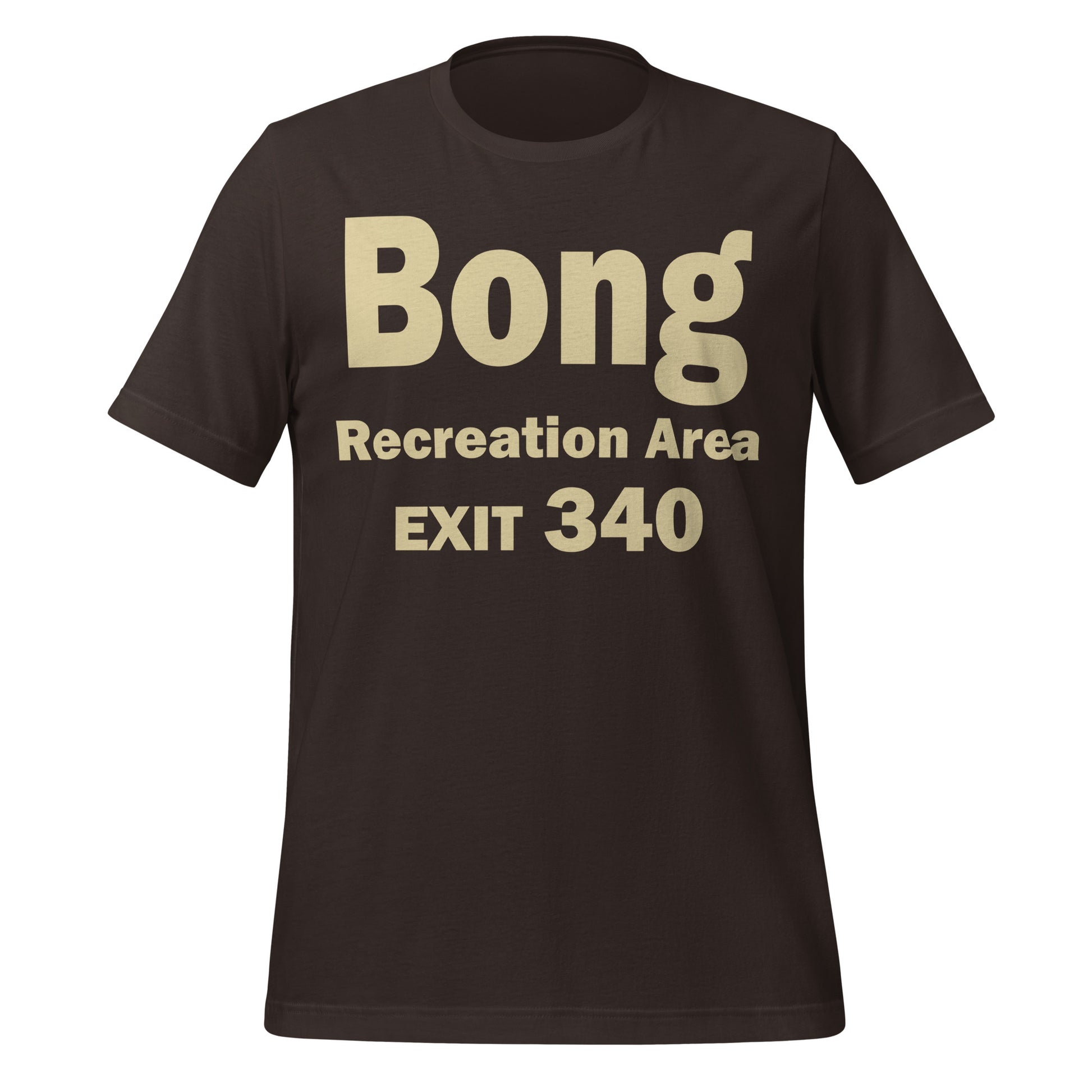 A brown colored retro Bong Recreation Area Exit 340 t-shirt. References the Wisconsin roadside sign, infamous for its reference to cannabis and weed, while in reality it was named for Major Richard Ira Bong, a WWII vet. 