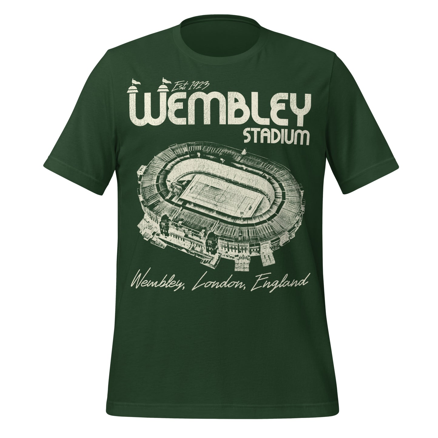 A vintage forest green t-shirt for touorists that says "Wembley Stadium", "Wembley, London, England", "Est. 1923", and has an image of the iconic football stadium where many English football leagues play. Initially called Empire Stadium in 1923 and was built as the centerpiece during the British Empire Exhibition. Also has been used for the FA Cup Finals, the 1948 Summer Olympics, nd music concerts like the Live Aid concert in 1985. 