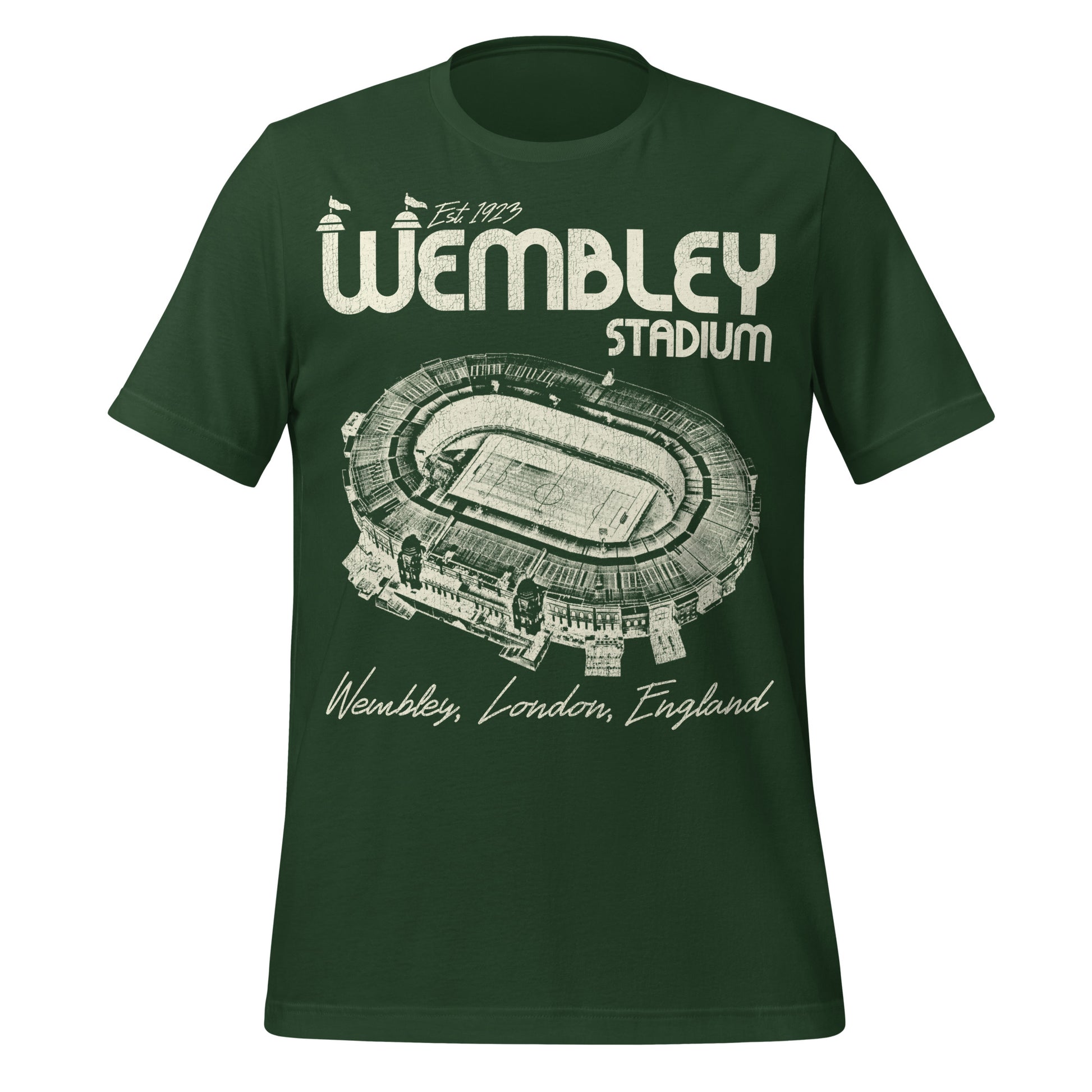 A vintage forest green t-shirt for touorists that says "Wembley Stadium", "Wembley, London, England", "Est. 1923", and has an image of the iconic football stadium where many English football leagues play. Initially called Empire Stadium in 1923 and was built as the centerpiece during the British Empire Exhibition. Also has been used for the FA Cup Finals, the 1948 Summer Olympics, nd music concerts like the Live Aid concert in 1985. 