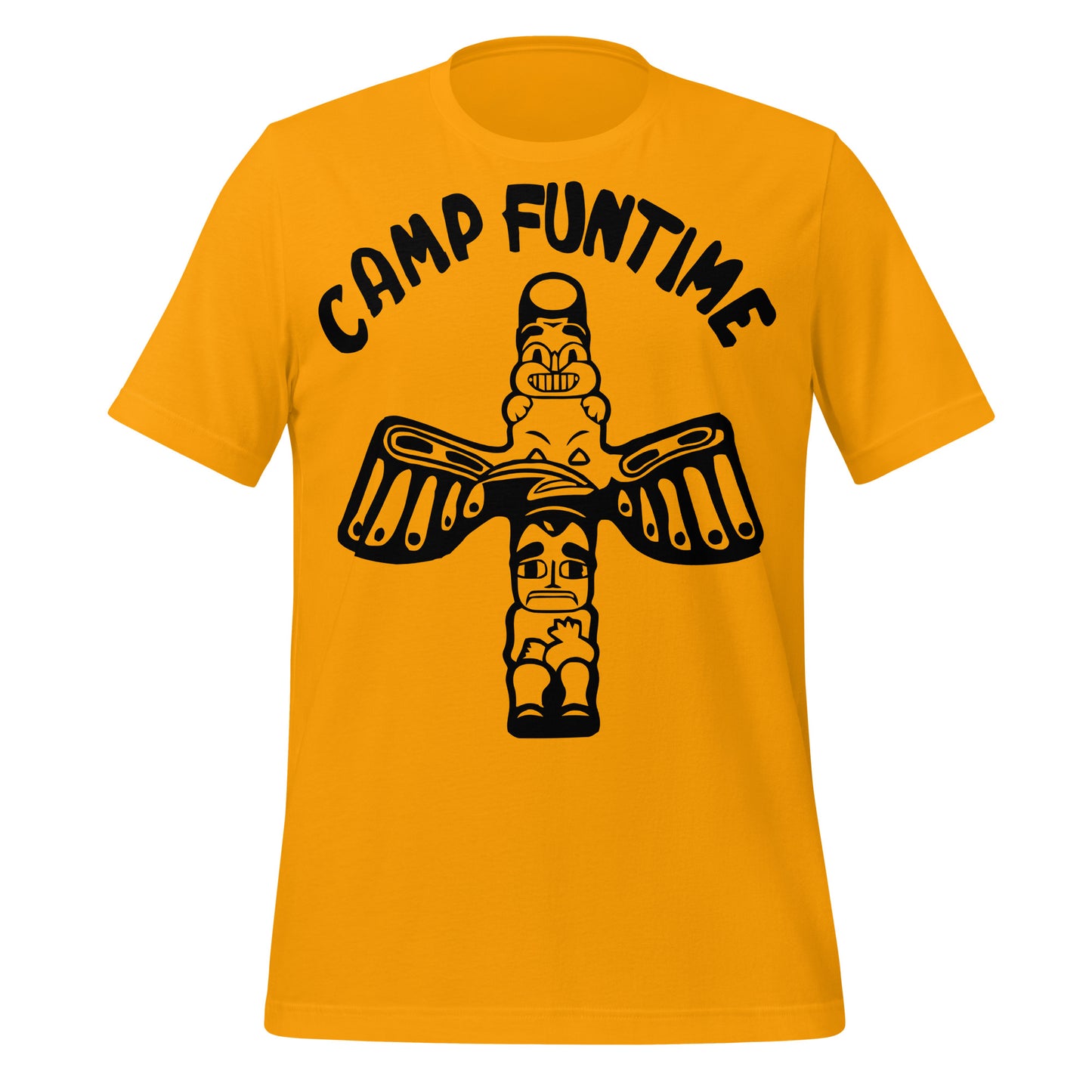 A gold colored short sleeved Camp Funtime t-shirt with an image of two faces on a cross like shape. In reference to the shirt worn by the famous post punk singer Debbie Harry from "Blondie", her band. 