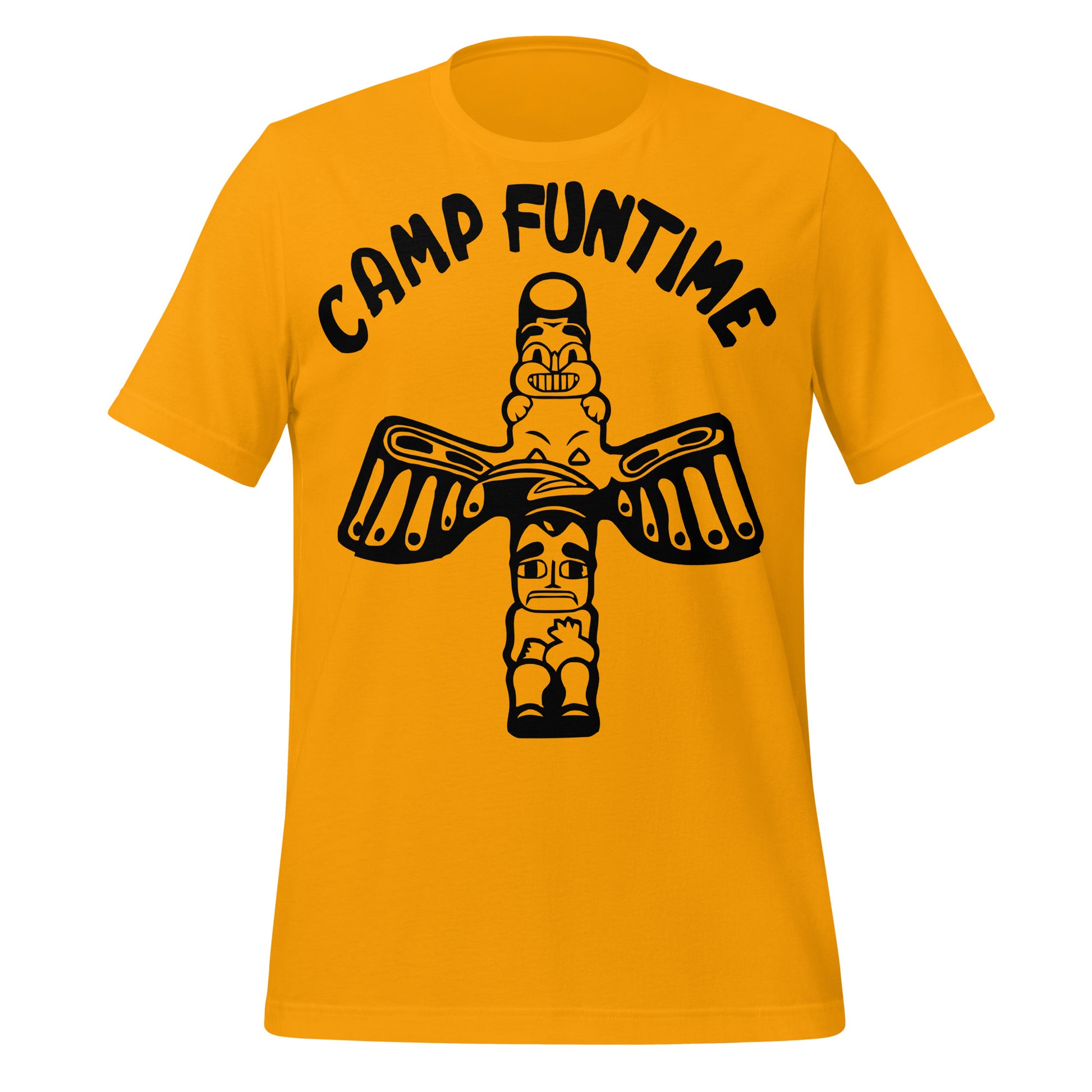 A gold colored short sleeved Camp Funtime t-shirt with an image of two faces on a cross like shape. In reference to the shirt worn by the famous post punk singer Debbie Harry from "Blondie", her band. 