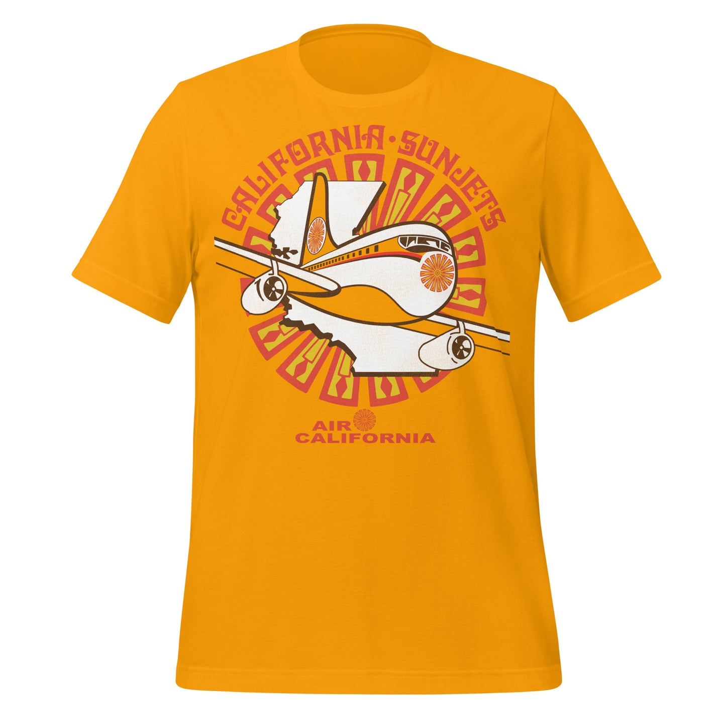 An 80s style orange gold t-shirt that says California Sunjets over the logo of Air California, a white image of the state of CA, and a plane taking off with the flower sun logo. 
