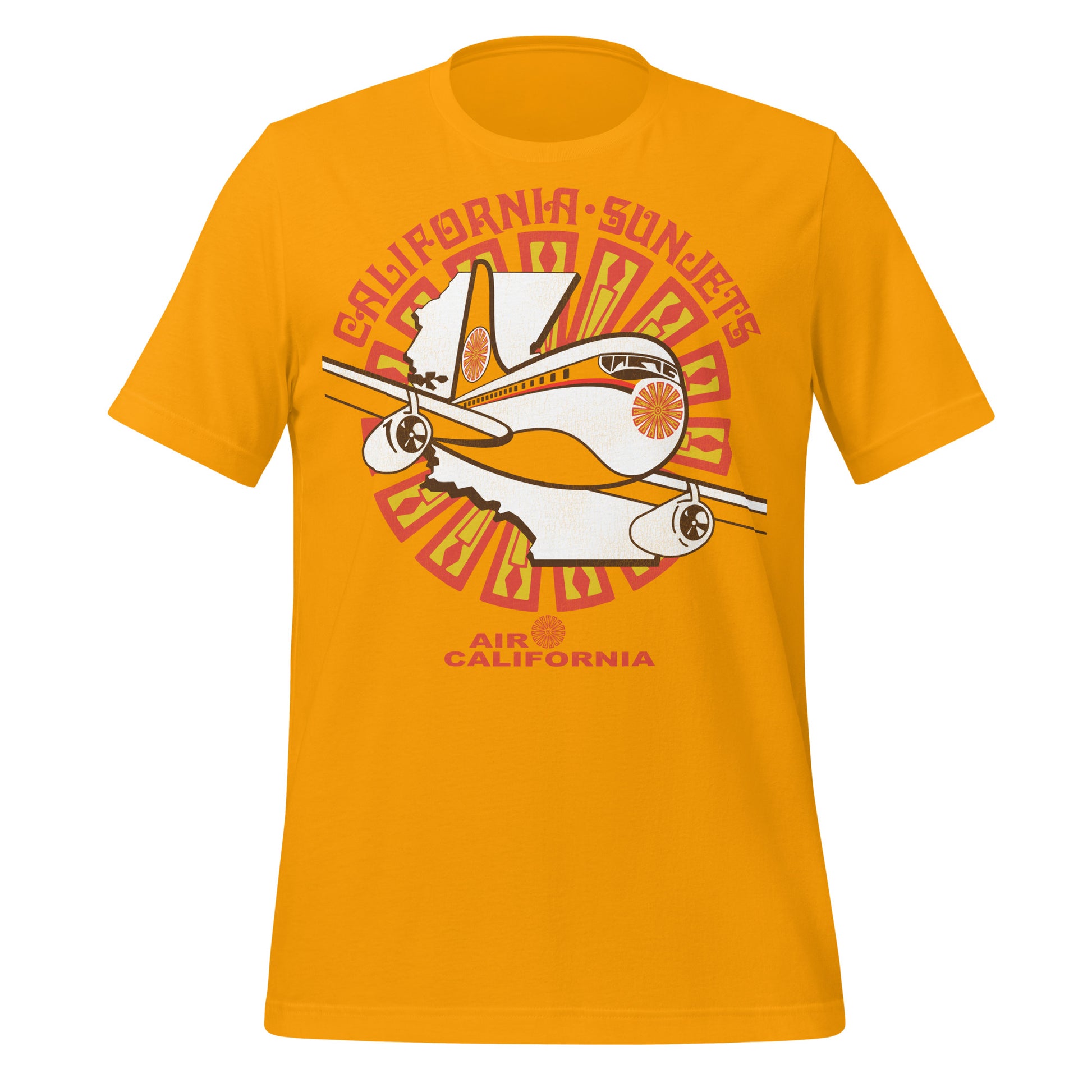 An 80s style orange gold t-shirt that says California Sunjets over the logo of Air California, a white image of the state of CA, and a plane taking off with the flower sun logo. 