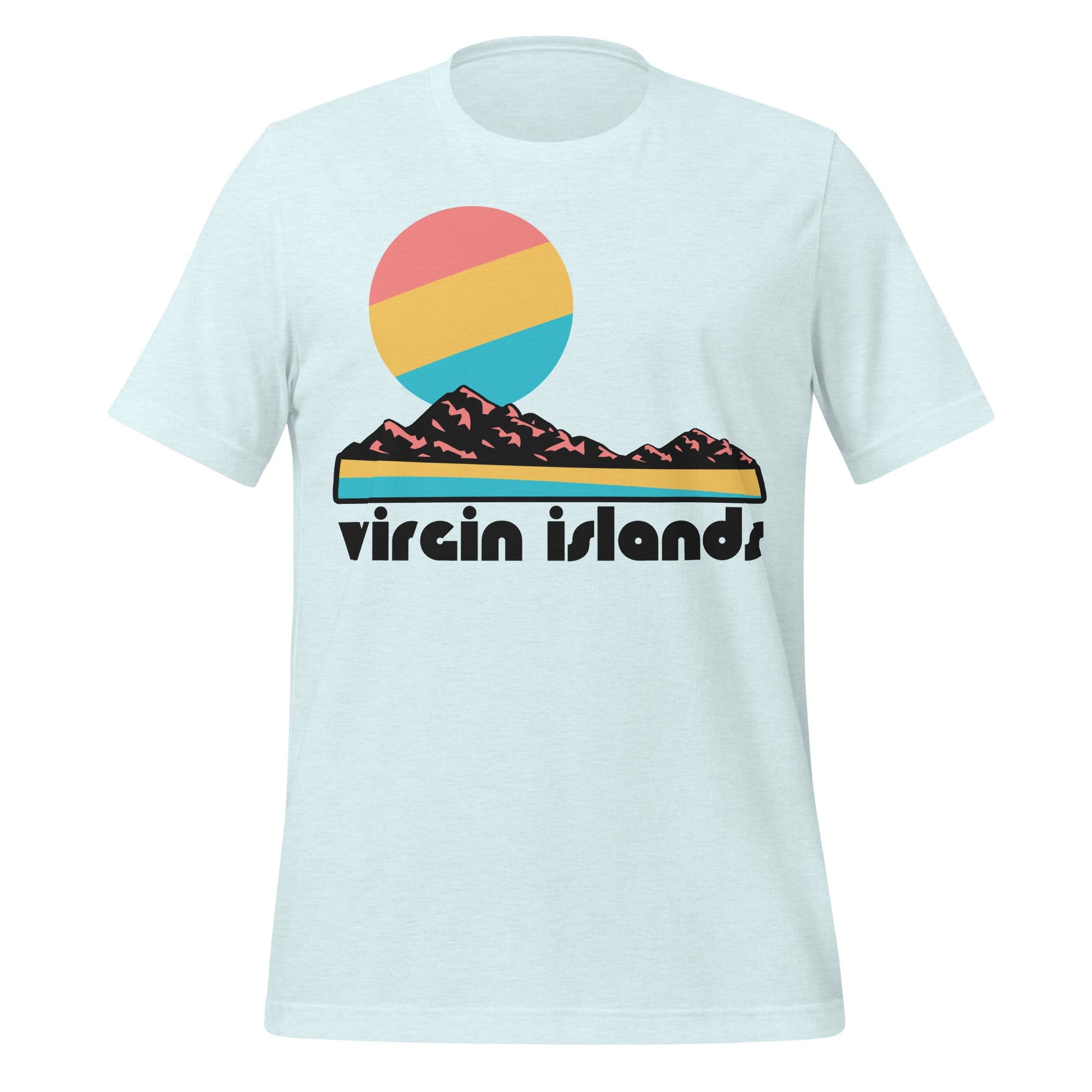 An ice blue retro 80s style Virgin Islands t-shirt with the image of a yellow sand beach, the ocean, rocky land, and a sun setting. References the US Virgin Islands known for snorkeling, diving, and paradise like white sand beaches. 