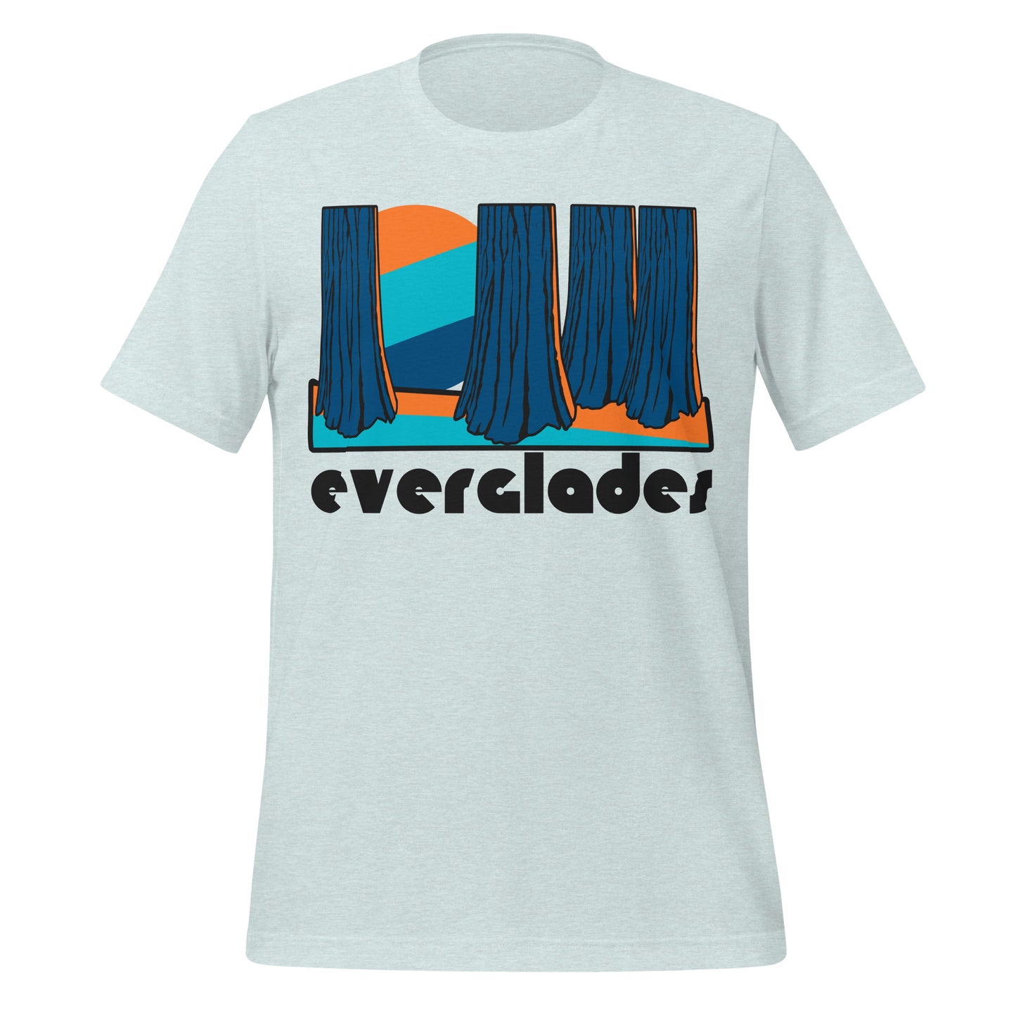 A retro, vintage ice blue covered t-shirt which says 'everglades' underneath a blue and orange colored graphic of a sun peaking through swamp and trees. In reference to Florida's Everglades National Park, the largest tropical wilderness in the US, consisting of wetland, forest, and marine habitats with incredible wildlife like alligators. 