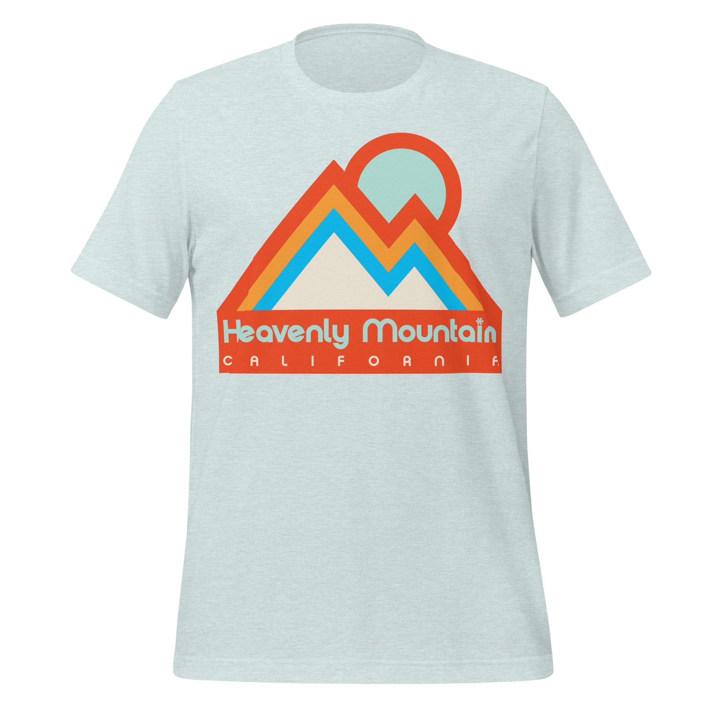 A heather prism ice blue t-shirt for tourists that says Heavenly Mountain California, referencing the famous ski resort that sits above Lake Tahoe in the Sierra Nevada Mountain Range. Image of two mountain peaks, one taller, one shorter, and a sun behind in dark orange, light orange, electric blue, and ice blue colors. 
