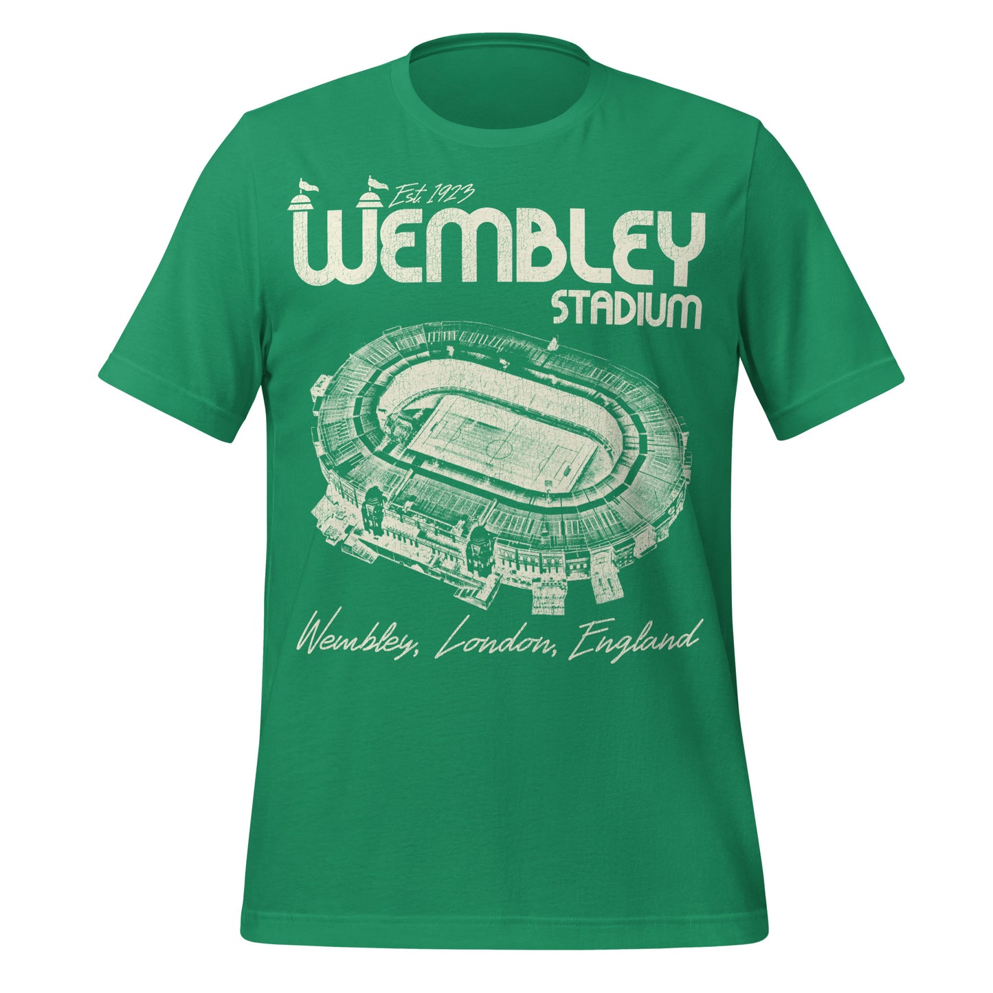 A green retro t-shirt that says "Wembley Stadium", "Wembley, London, England", "Est. 1923", and has an image of England's national stadium where many English football leagues play. 