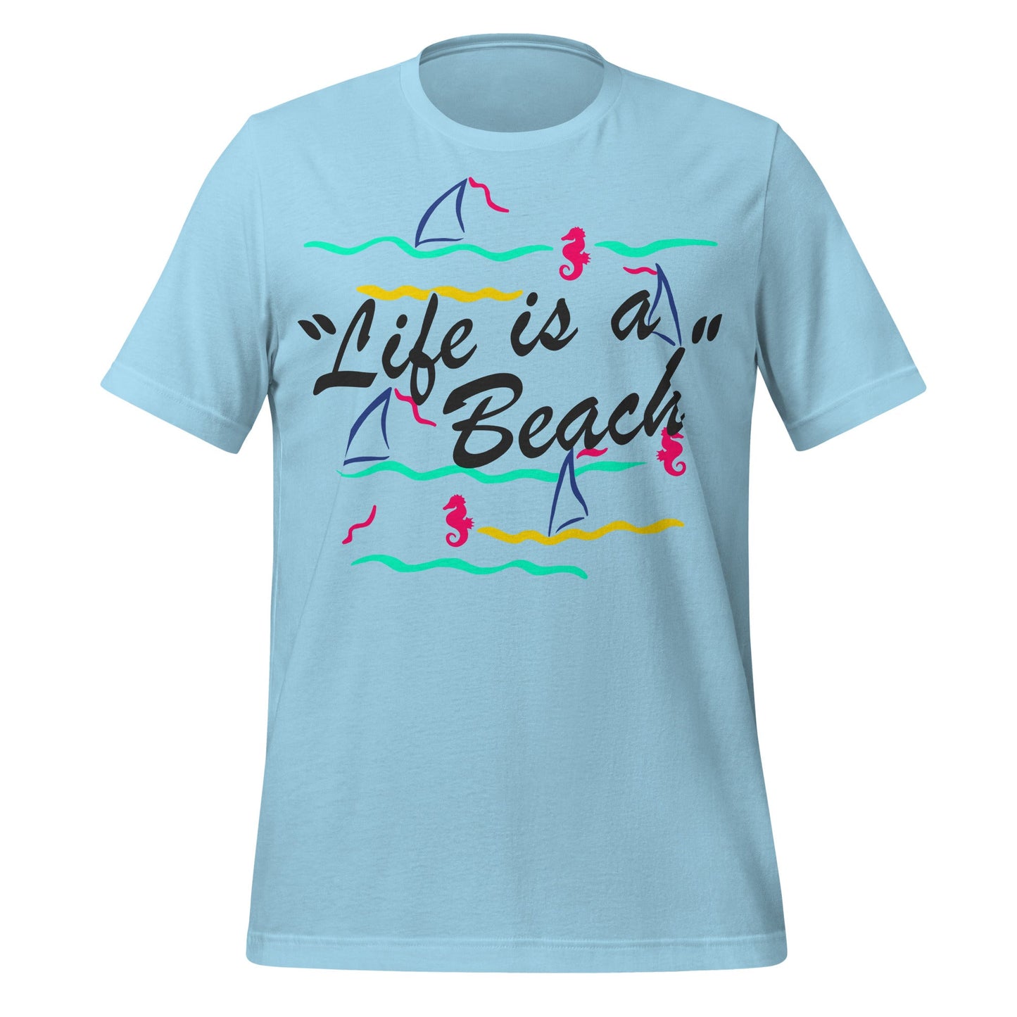 'Life is a Beach' baby blue t-shirt with sailboats and seahorses worn by Brennan from movie Step Brothers.