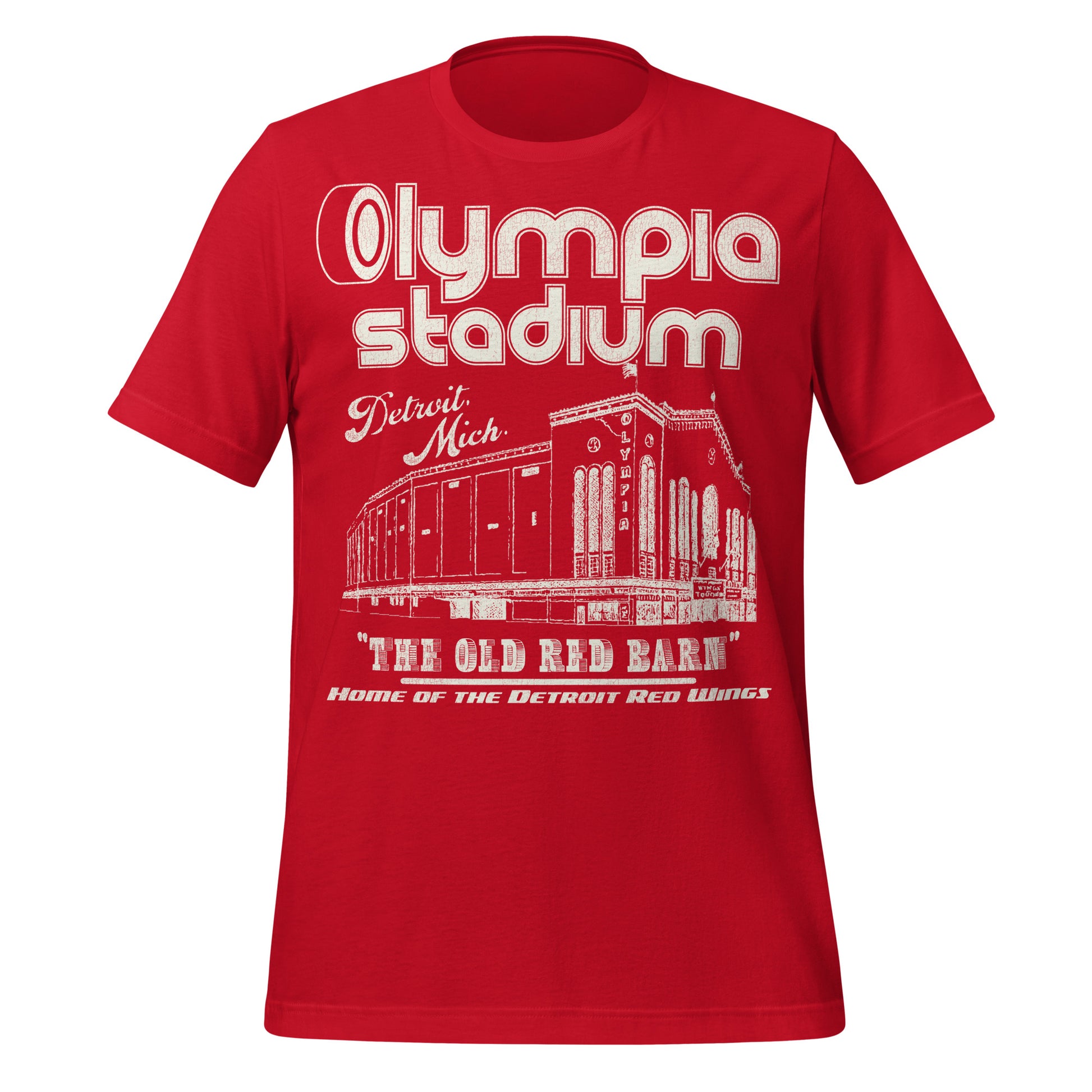 A bright red 80s style Olympia Stadium t-shirt that says "Detroit, Mich.", the location of the stadium. Image of the stadium nicknamed the "The Old Red Barn". Says "Home of the Detroit Red Wings", referencing the hockey team based in Detroit, part of the NHL. Also housed the Detroit Pistons and the Detroit Olympics teams. 