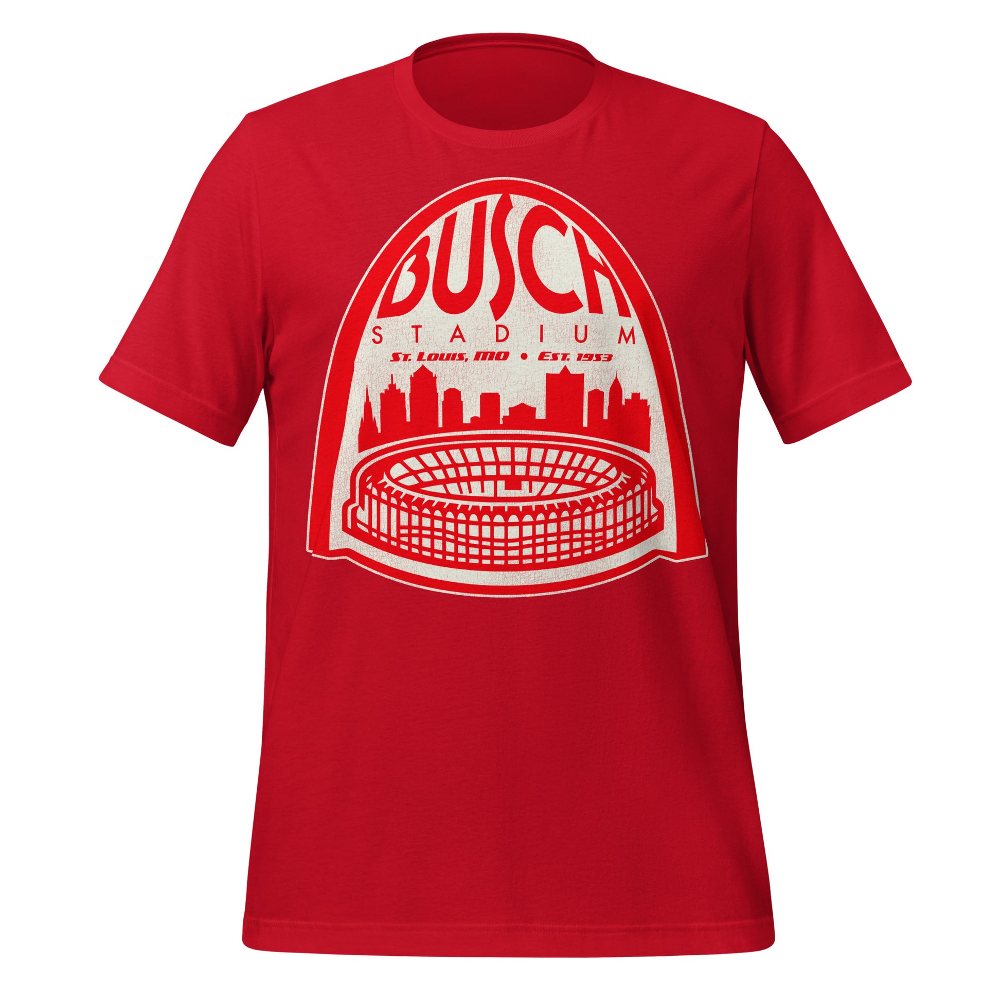 A unisex short sleeved 70s style red shirt that says Busch Stadium under an image of the St. Louis Arch in bright red color. Says "St. Louis, MO" and "Est. 1953", referencing the stadium named after Anheuser-Busch Brewery, formerly known as Sportsman's Park, home of the St. Louis Cardinals and St. Louis Browns. 