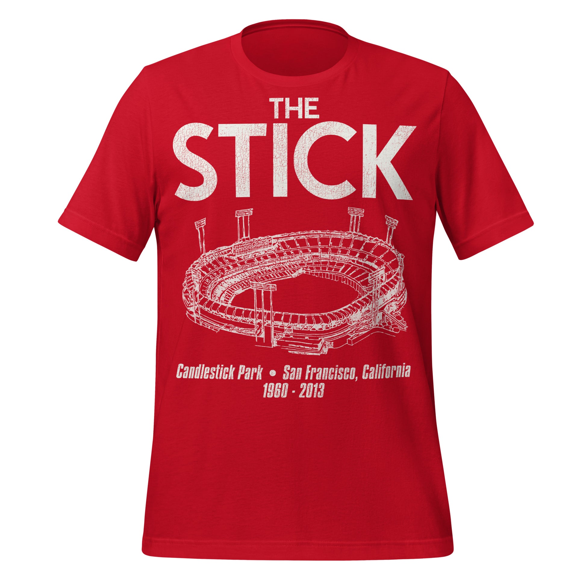 A retro red t-shirt for tourists that says "The Stick", "Candlestick Park", "San Francisco, California," and "1960-2013" with an image of the CA baseball stadium, home of the San Francisco Giants from 1960-1999 and the San Francisco 49ers from 1971-2013. Served as a concert venue where Paul McCartney played right before it was demolished. 