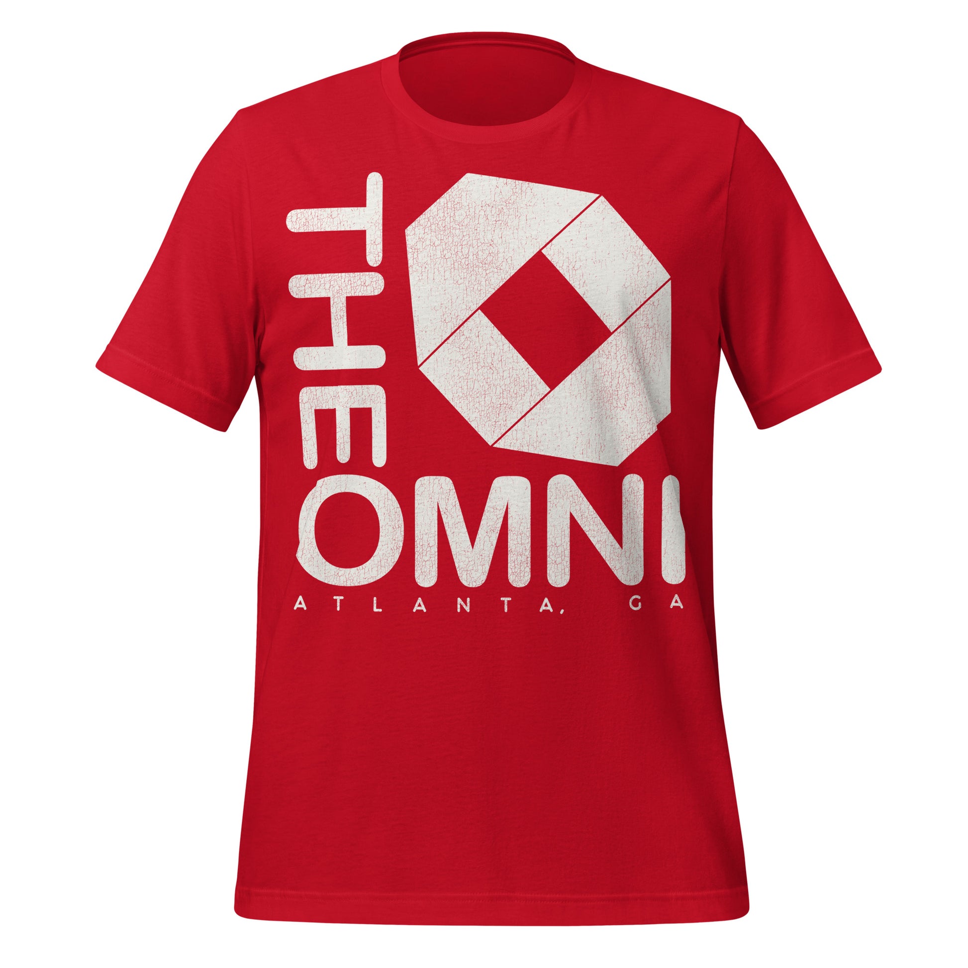 A red retro short sleeved t-shirt that says "The Omni" and "Atlanta, GA". References the Omni Coliseum which stood from 1972 to 1997 with the logo representing the seating arrangement. 