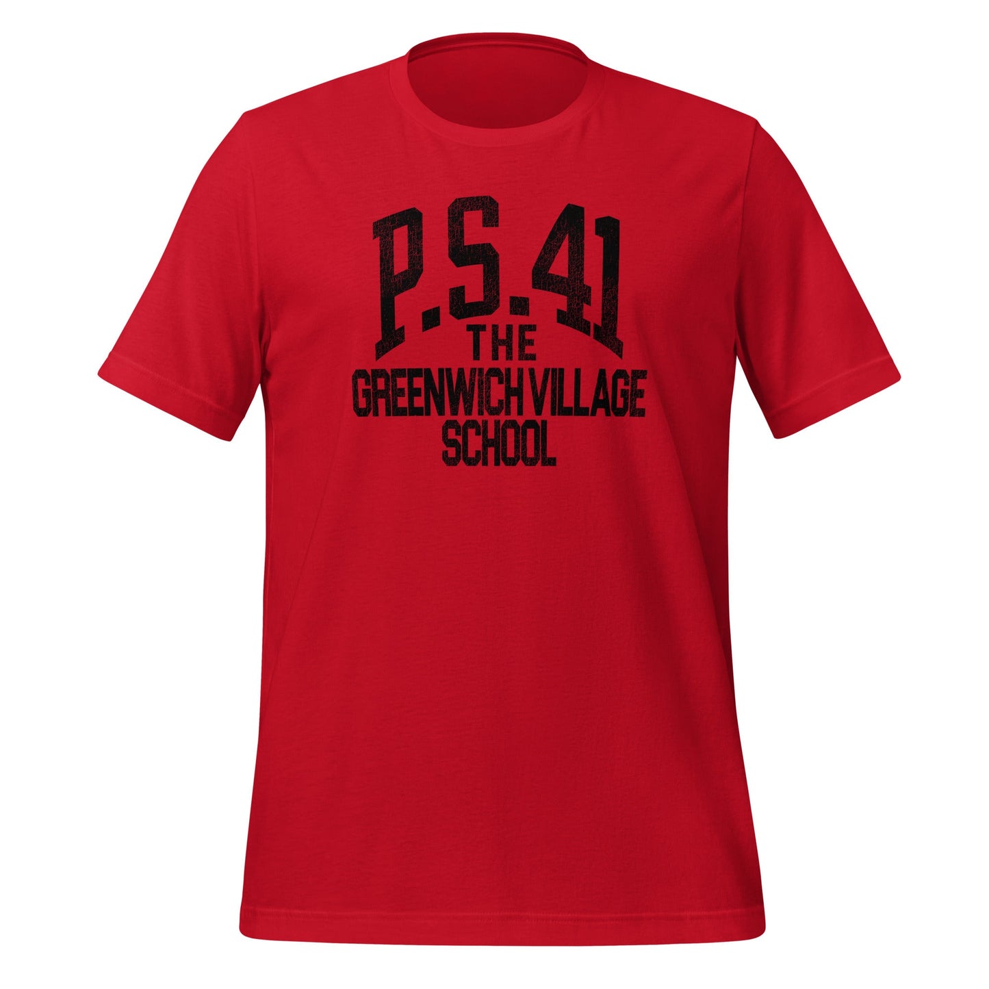 A red P. S. 41 retro t-shirt that says "The Greenwich Village School", famously worn by Ad-Rock, Adam Horovitz, a guitar player and singer from the band The Beastie Boys. 