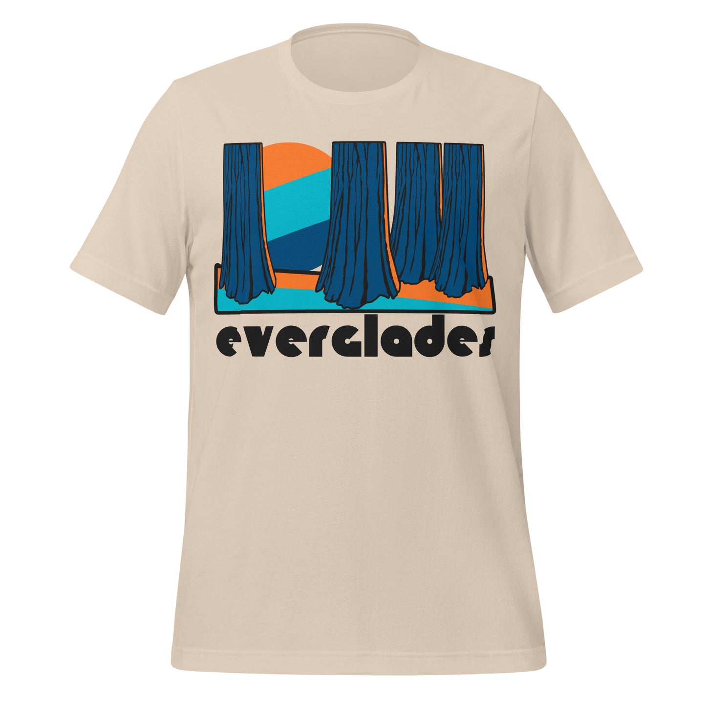 A soft cream colored 70s style retro t-shirt which says 'everglades' underneath an image of a tropical forest and wetlands with a striped sun in orange, bright blue, and navy blue. References Everglades National Park in Florida, a World Heritage Site with 13 endangered species, the largest mangrove ecosystem anywhere in the western hemisphere, with hundreds of bird species and famous attractions like Shark Valley and Gulf Coast.  