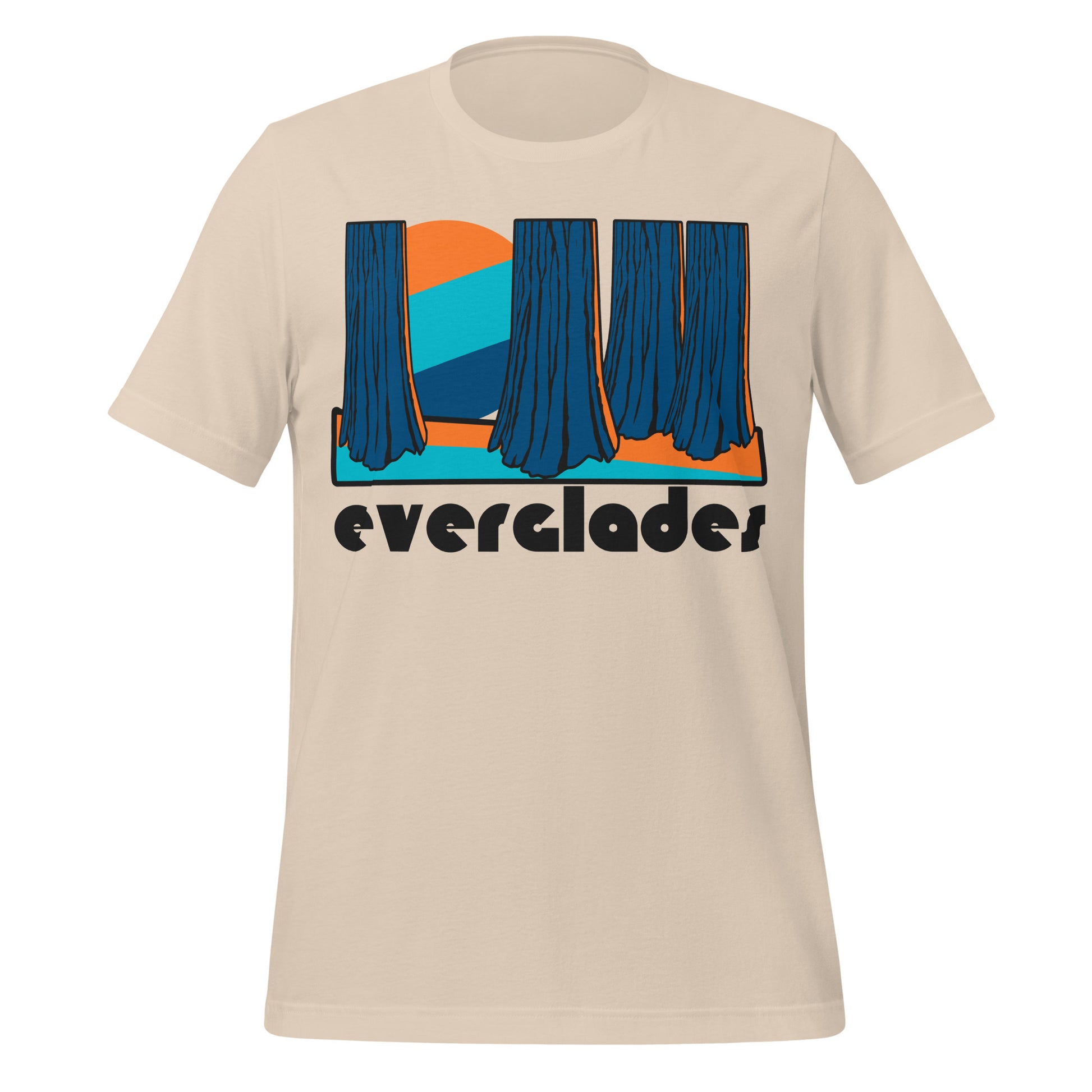 A soft cream colored 70s style retro t-shirt which says 'everglades' underneath an image of a tropical forest and wetlands with a striped sun in orange, bright blue, and navy blue. References Everglades National Park in Florida, a World Heritage Site with 13 endangered species, the largest mangrove ecosystem anywhere in the western hemisphere, with hundreds of bird species and famous attractions like Shark Valley and Gulf Coast.  