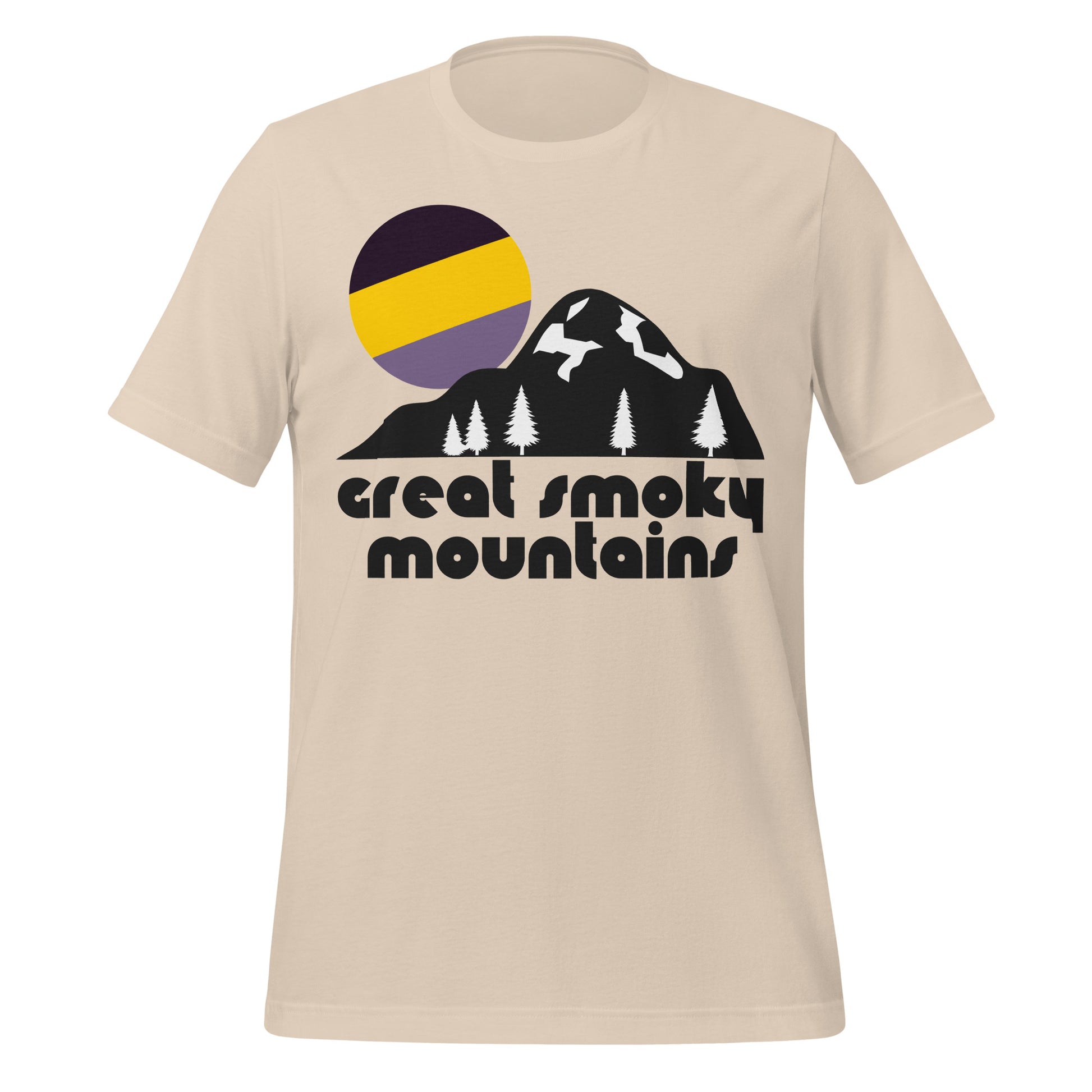 A soft cream short sleeved 80s style t-shirt that says 'great smoky mountains' underneath the image of a large mountain, some snow in the crevices, a pine tree forest, and a striped purple and yellow aesthetic sun. References the Great Smoky Mountains National Park in the Appalachian Mountains, with major attractions like Dollywood, Ripley's Aquarium of the Smokies, and Ober Gatlinburg, along with hiking and camping. 