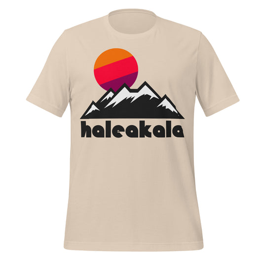 A retro, souvenir Haleakala soft cream t-shirt with a mountainous snow topped landscaped, an orange, red, and magenta sun setting majestically above the hills. In reference to Haleakalā National Park on the island of Maui, Hawaii, named for Haleakalā - a dormant volcano - which means "house of the sun" in Hawaiian. The park is famous for its stunning hikes, scenic drives, the coastal areas looking over the Pacific, and animals like the nēnē bird. 