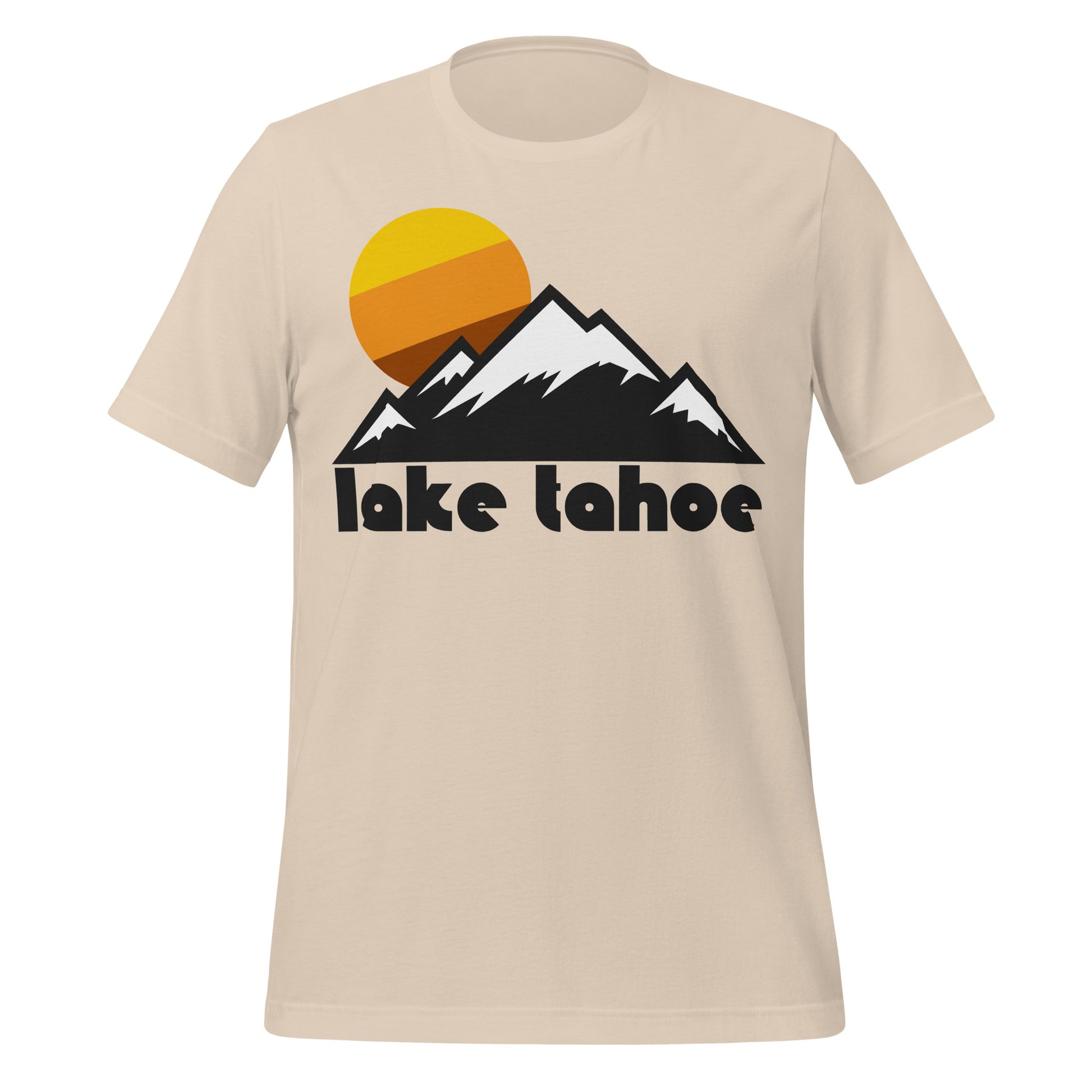 An 80s style retro Lake Tahoe soft cream tshirt that includes a stunning mountain landscape with snowy peaks and a stylized striped and tricolored sun shining in the background. References the picturesque lake in both Nevada and California, famous for its many resorts and a destination for hikers, backpackers, skiers, and snowboarders.  
