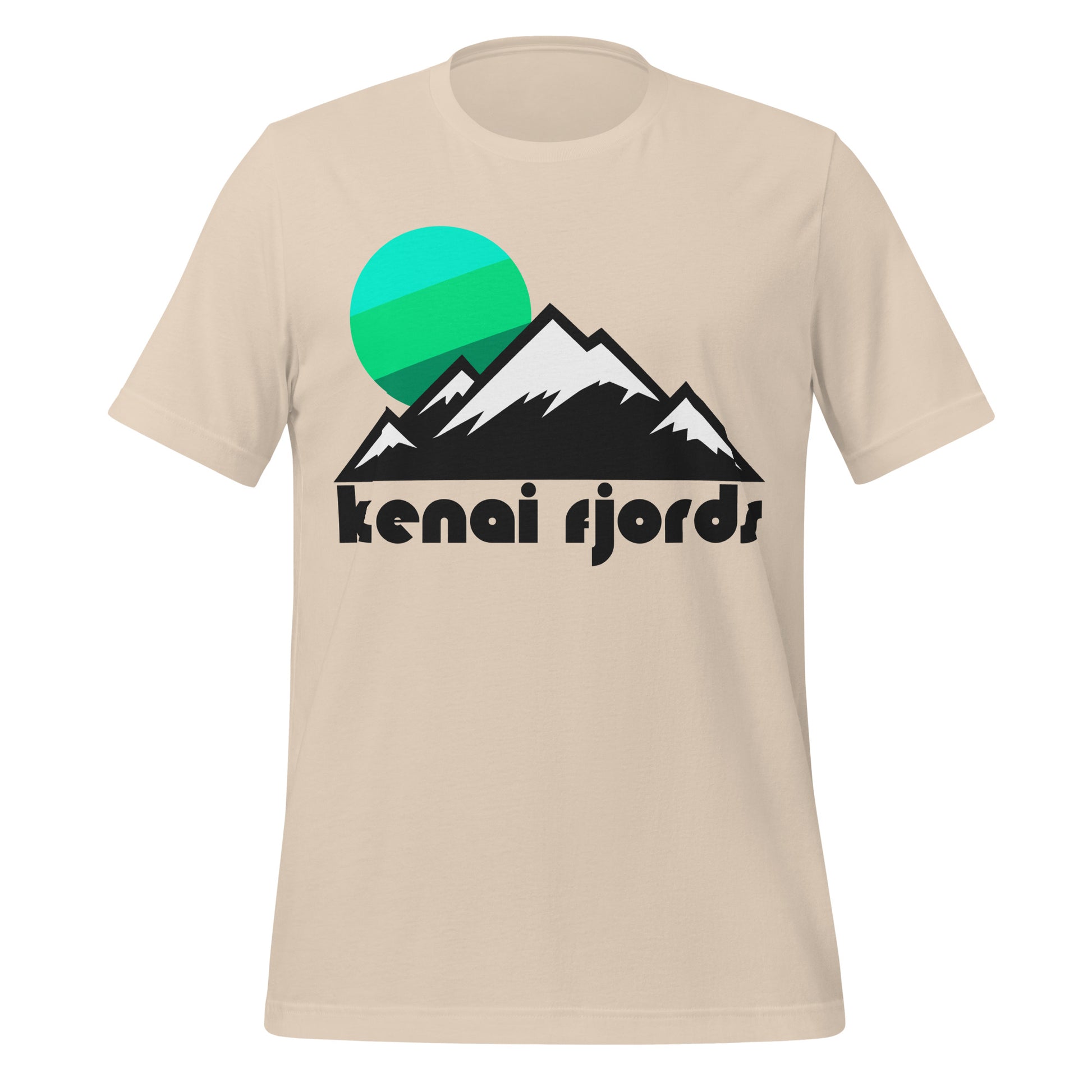 A soft cream colored retro t-shirt that says 'kenai fjords' under the image of a beautiful snow peaked mountain range and an aqua blue, lime green, and forest green rising sun. References Alaska's famous Kenai Fjords National Park in the Kenai Mountains, known for its almost 40 glaciers coming from the Harding Icefield and location right on the coast of the Pacific Ocean. 